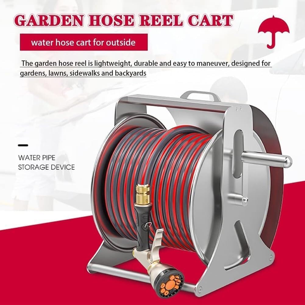 Standing or Wall Mounted Professional Garden Hose Reel, 10m PVC Hose, 9 Spray Modes, Stainless Steel, Easy to Transport & Store for Watering, Car Wash, and Floor Cleaning(10m)