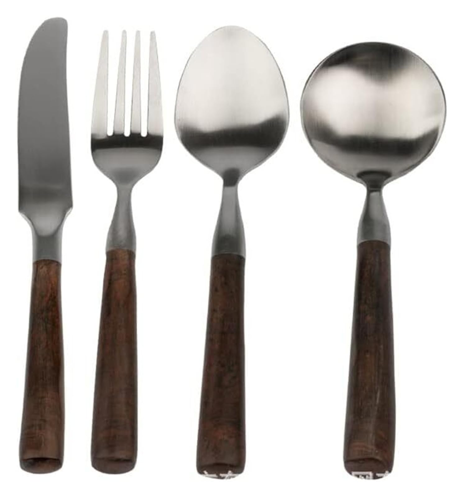 Juego de cubiertos de acero inoxidable, incluye cuchara-tenedor, cuchillo y tenedor for carne, 4/7 piezas, mango redondo de madera maciza con acabado mate cepillado.(4 Pieces for 1)
