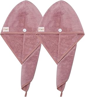 2 Pack Microfiber Hair Towel Wrap,Hair Drying Towel with Button, Hair Towel Turban,Head Towel to Dry Hair Quickly (Bean Pink)