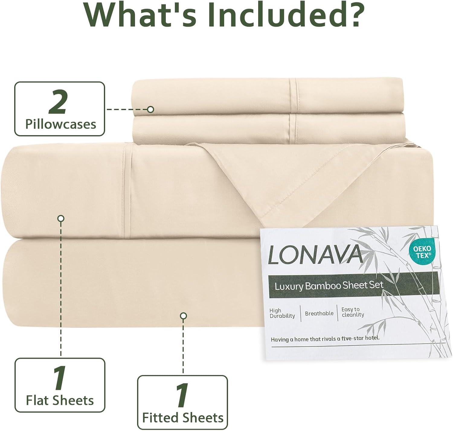 LONAVA 100% Viscose Derived from Bamboo King Sheet Set Beige, 4 Pieces Soft Cooling Bedding with Deep Pocket UP to 16", Silky Smooth, Organic & Breathable, Breathable Bed Sheets - Image 6