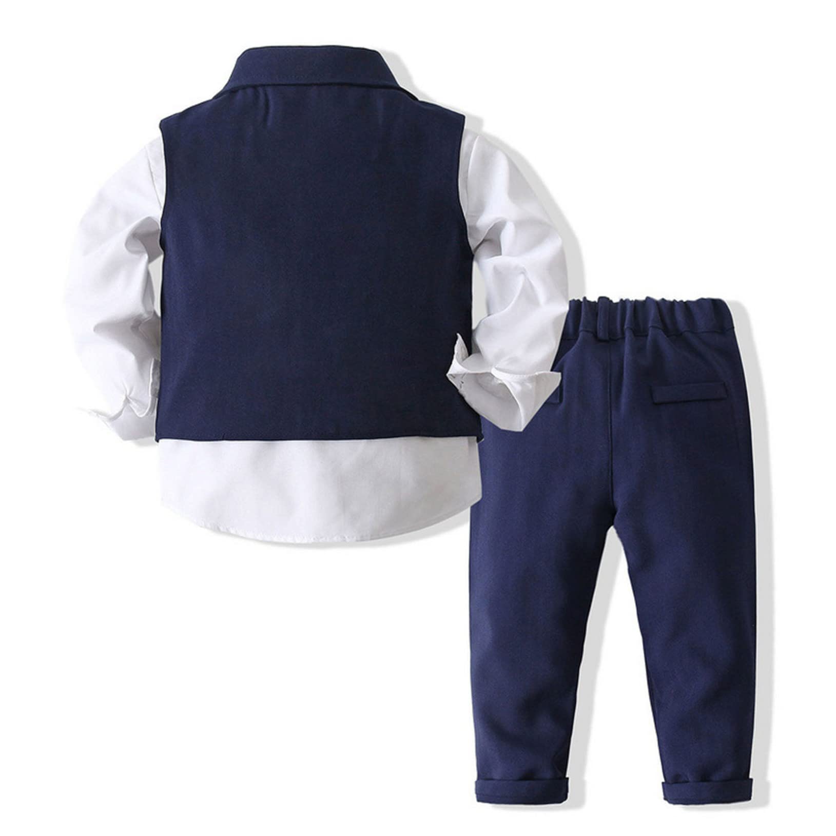 Choomomo Toddler Baby Boys Gentleman Outfit Suit Long Sleeve Formal Shirt + Bow Tie + Tuxedo Vest + Pants Navy 3-4 Years