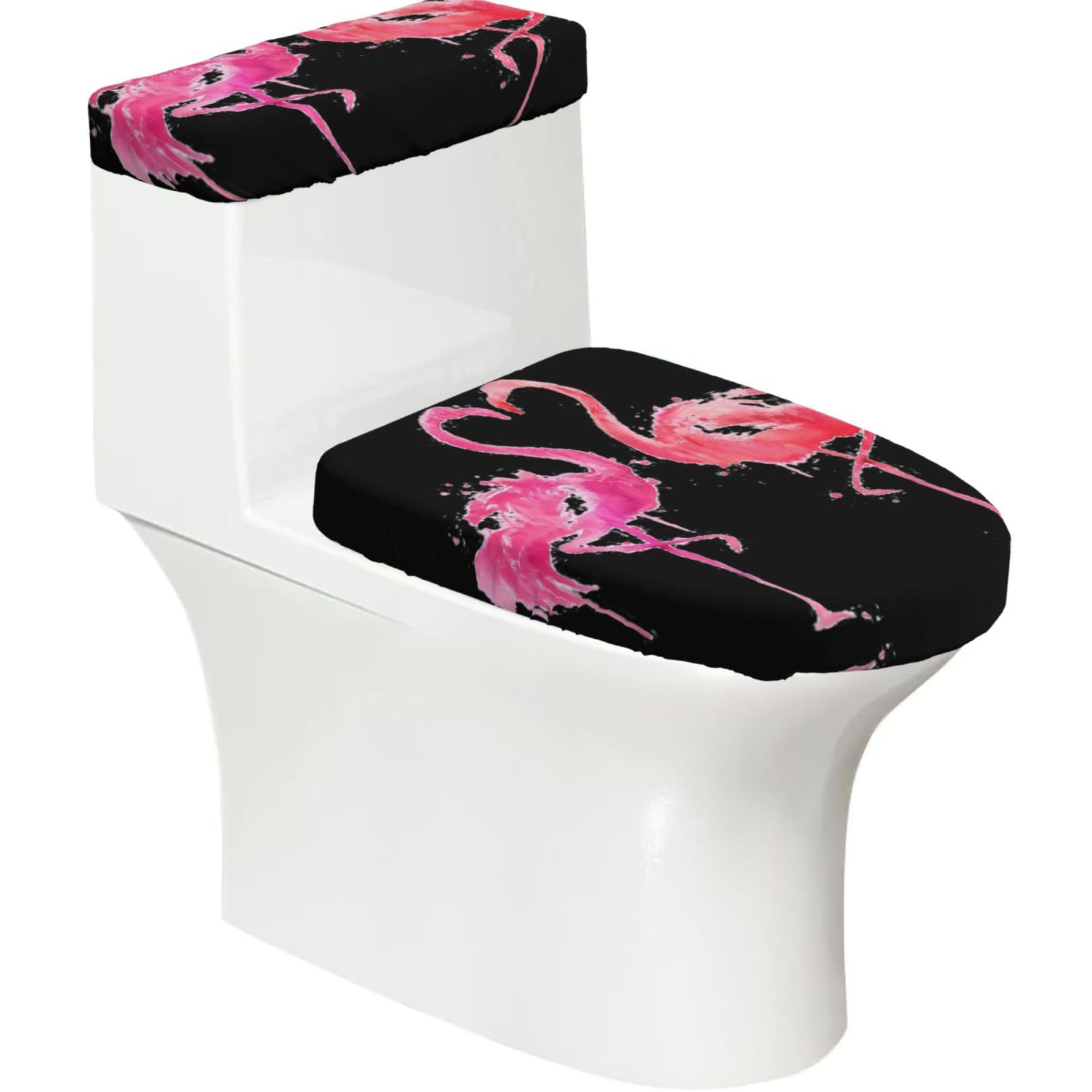 Ink Flamingos 2-Piece Toilet Seat Cover Set with Tank Lid - Elastic for U-Shape & Elongated - Bathroom Decor