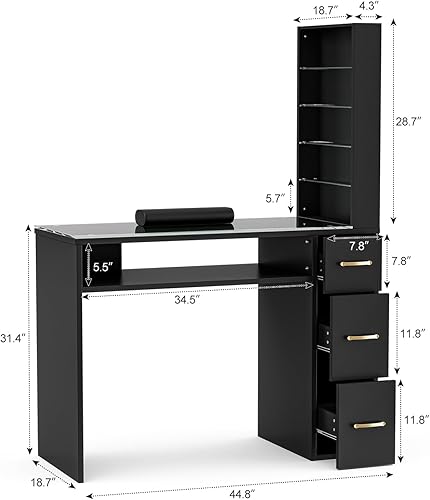 Miniatura 7 de Paddie Mesa de manicura para tecnología de uñas con cajones, estación de escritorio de uñas superior de vidrio con estantes de almacenamiento, cojín