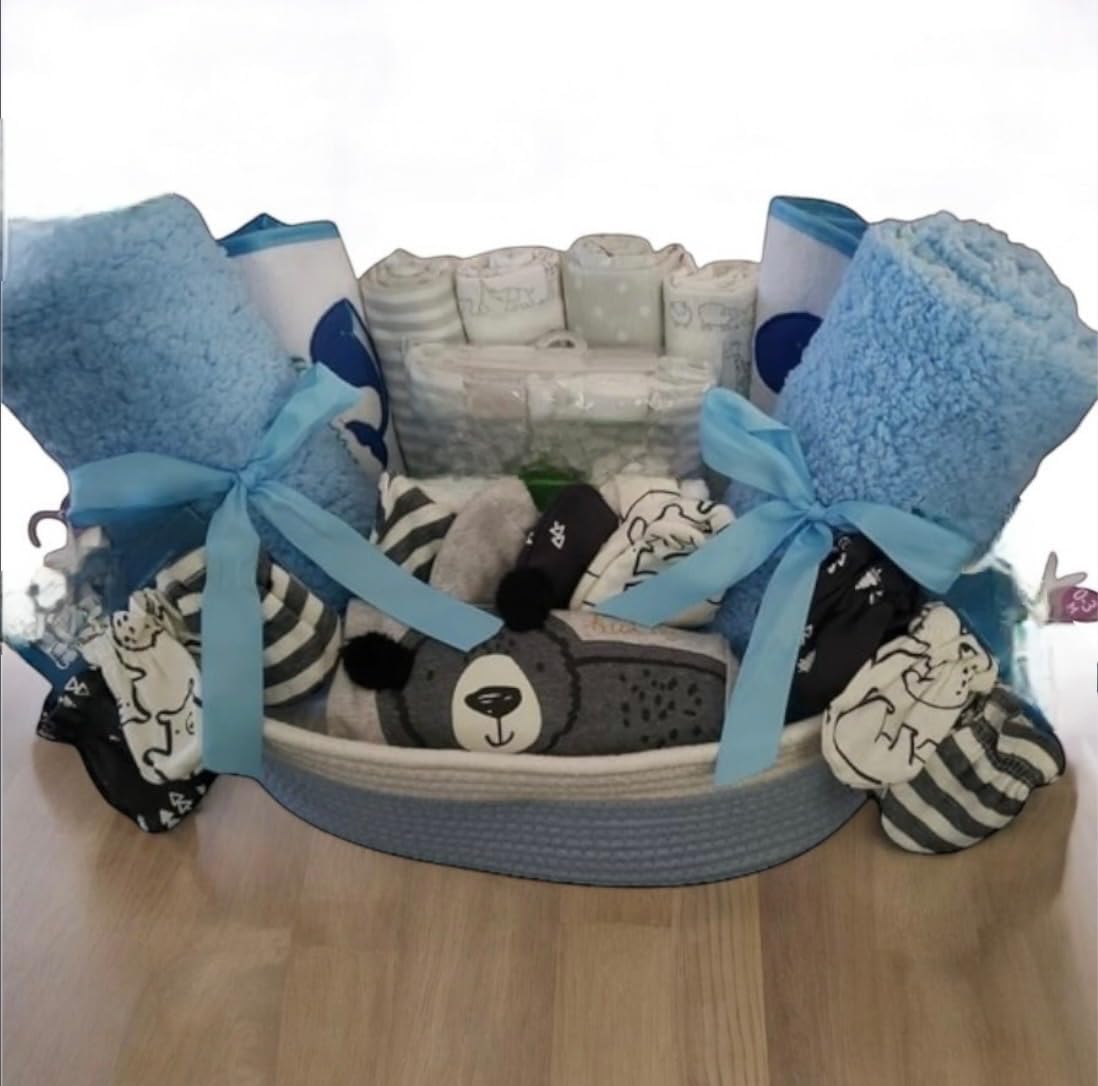 Baby Gift Basket, Blue Blankets and Bear Theme, Newborn Essentials Set/Girl or Boy