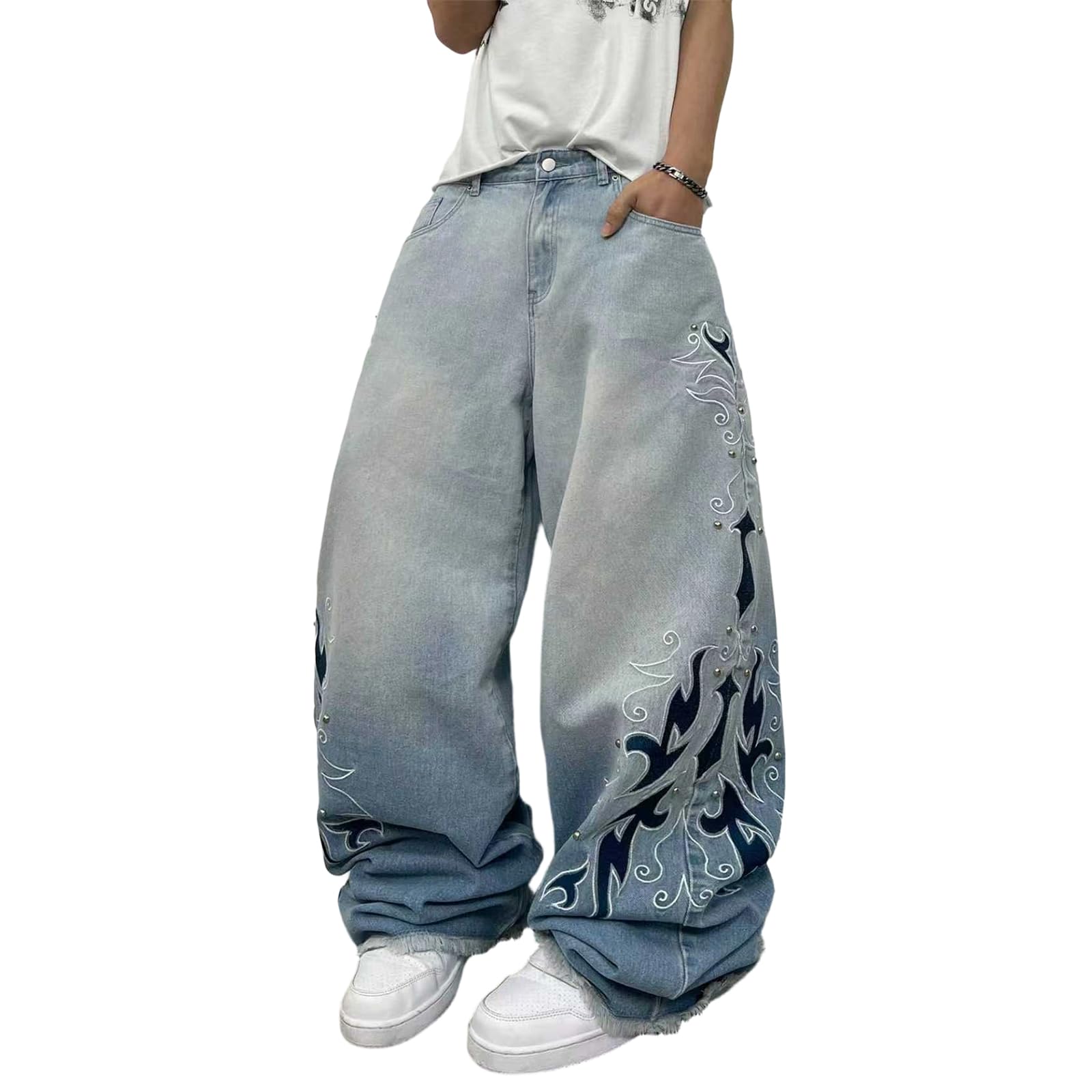 Jeans Baggy Bordados con Piernas Anchas para Hombre, Corte Casual, Estilo 2000, Streetwear