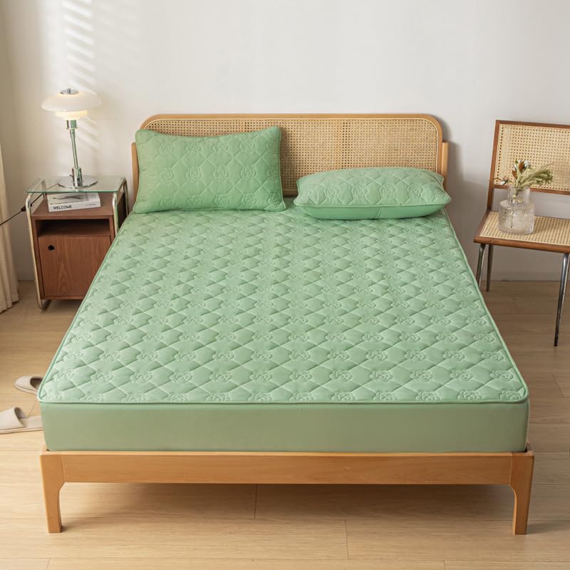 Suaves Cómodas,Sábanas Impermeables Acolchadas Cepilladas De Color Sólido, Funda De Almohada Protectora De Colchón De Orina Separada para Niños Mayores,Verde,90 * 200cm (3 Piezas)