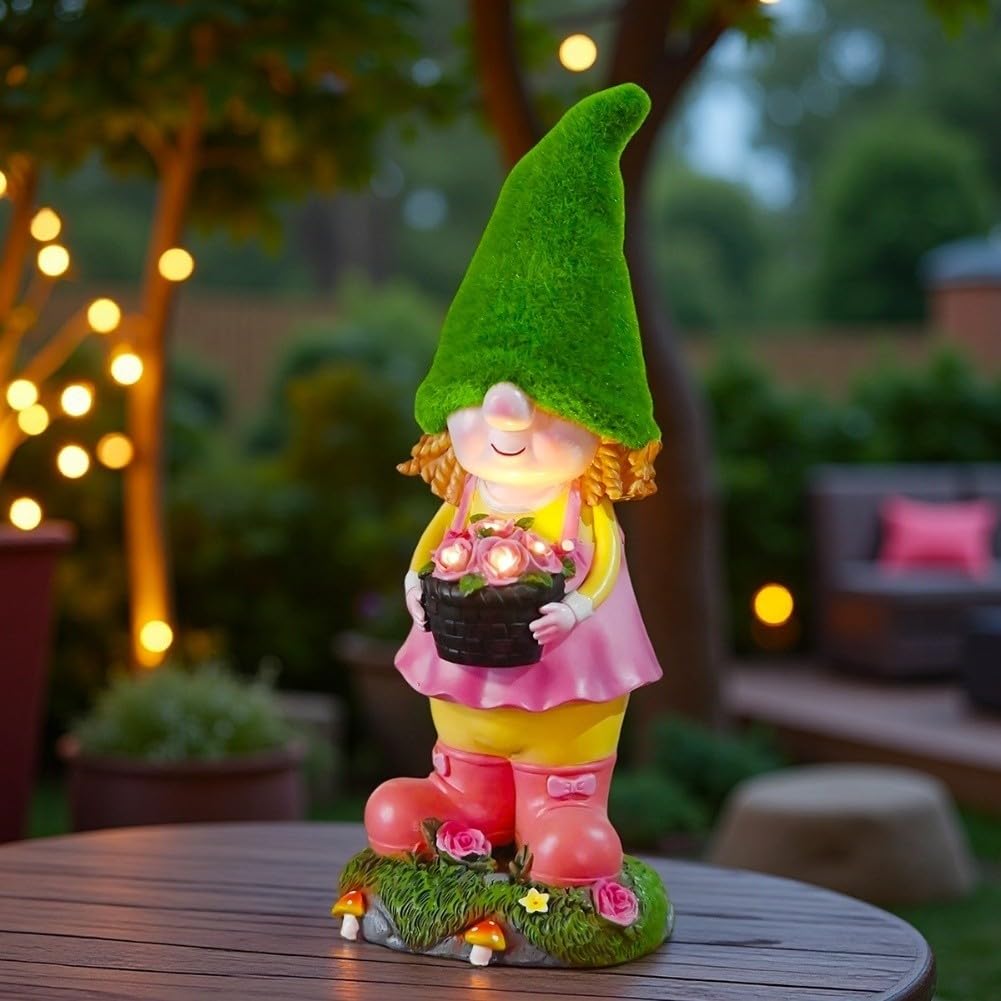 Statua per solare Gnomo Bambina 34cm Resina Impermeabile Statua