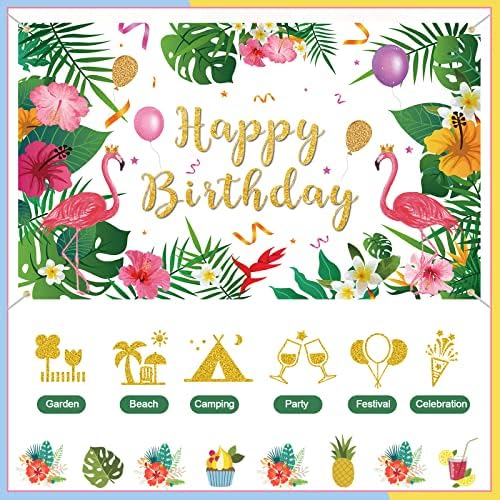 Happy Birthday Banner Flamingo Party Birthday Decoration - Summer Tropical Hawaiian Party Decorations Photography Backdrop Aloha Luau Birthday Party Supplies for Children Women Men, 72.8 x 43.3 Inch