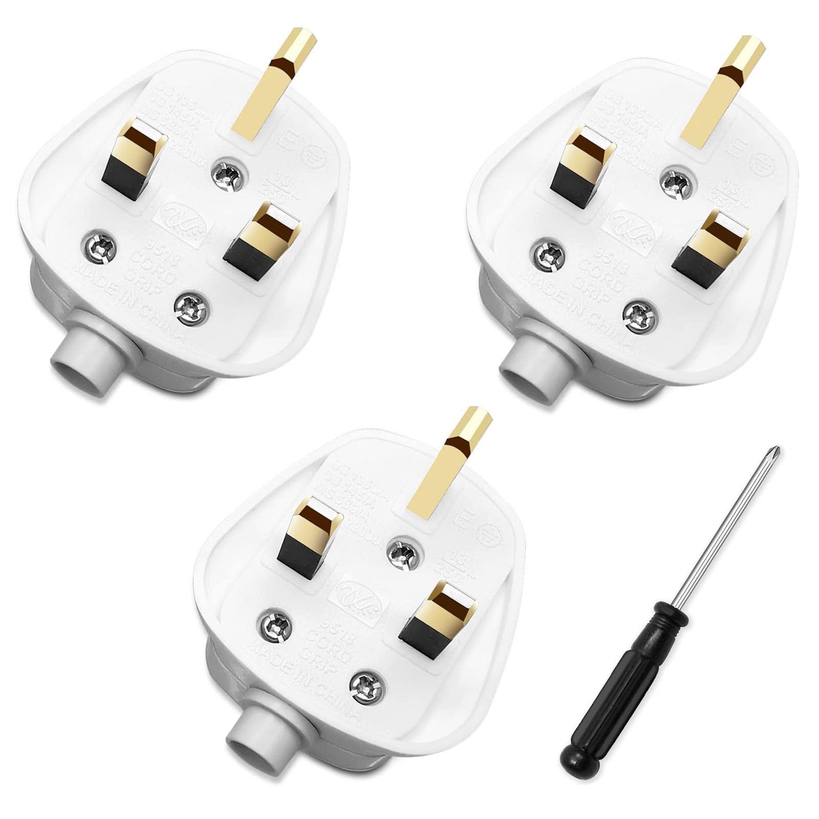 3pcs UK Plug 13 Amp Plug UK, 3 pin Mains Plug with Cord Grip UK 250V with Screwdriver，White