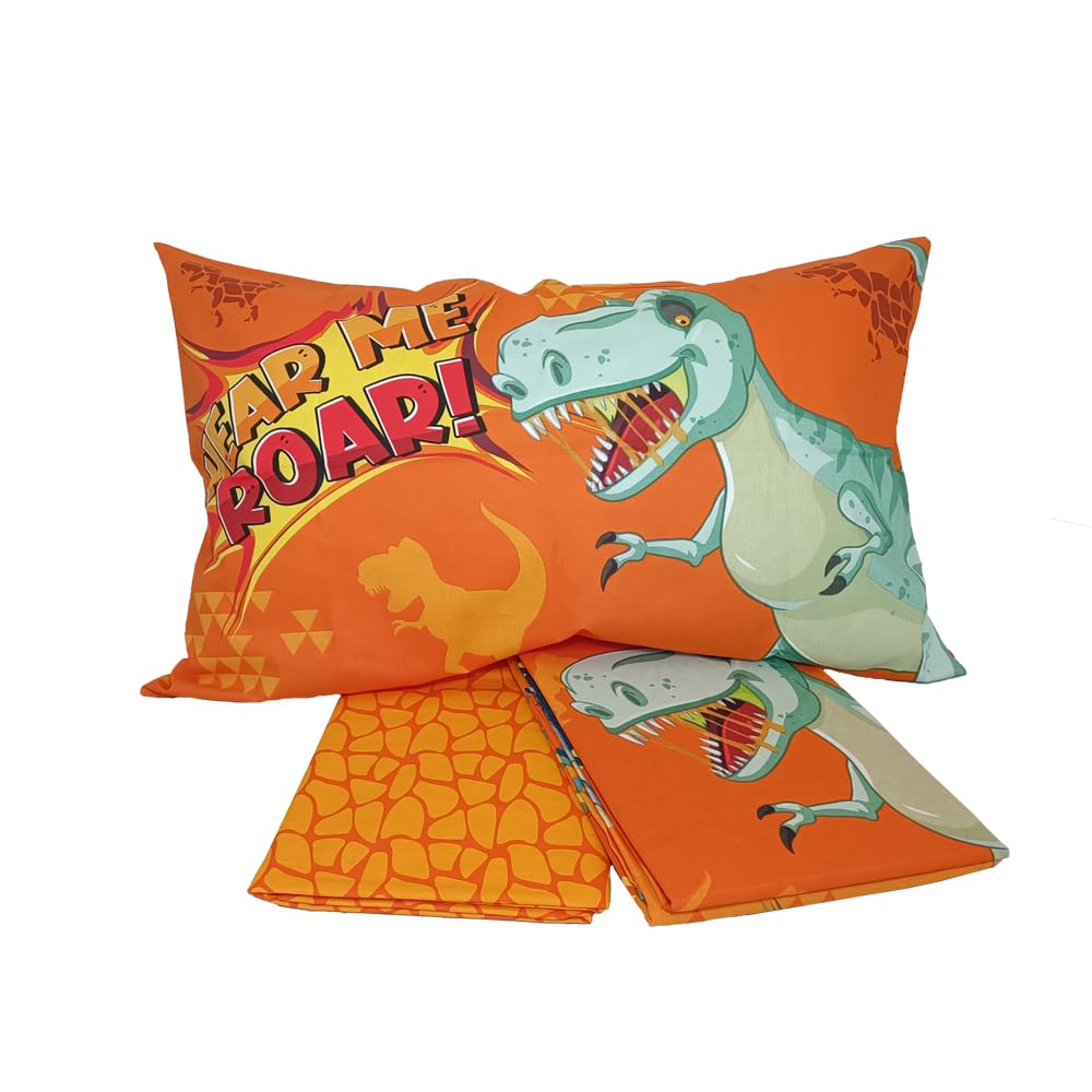 hermet Dinosaurs, Single Bed Sheet Set, Single Bedroom, Complete Bed Sheet, Fitted Sheet, Pillowcase, 100% Cotton, Orange - Image 2