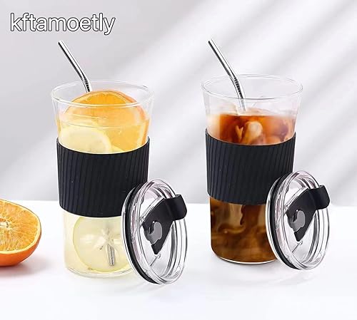 Miniatura 6 de 2 tazas de café helado con tapas, tazas de vidrio de 16 onzas con tapas y pajitas, vaso reutilizable con funda de silicona, vasos de boca ancha con