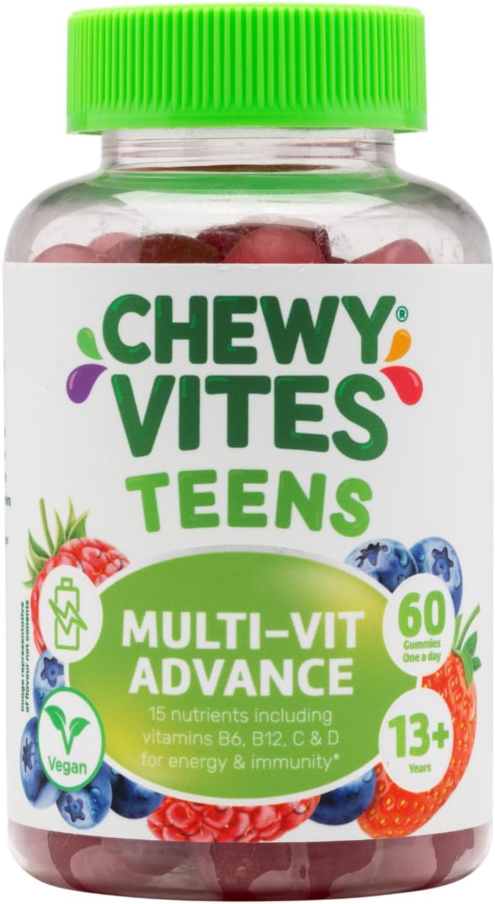 Chewy Vites Teens Multi-VIT Advance, 60 Vitamin Gummies, Teen Vitamins Gummies with 15 Essential Nutrients, 2 Months Supply, Real Fruit Juice, Vegan, Berry Flavour, for Energy and Immunity