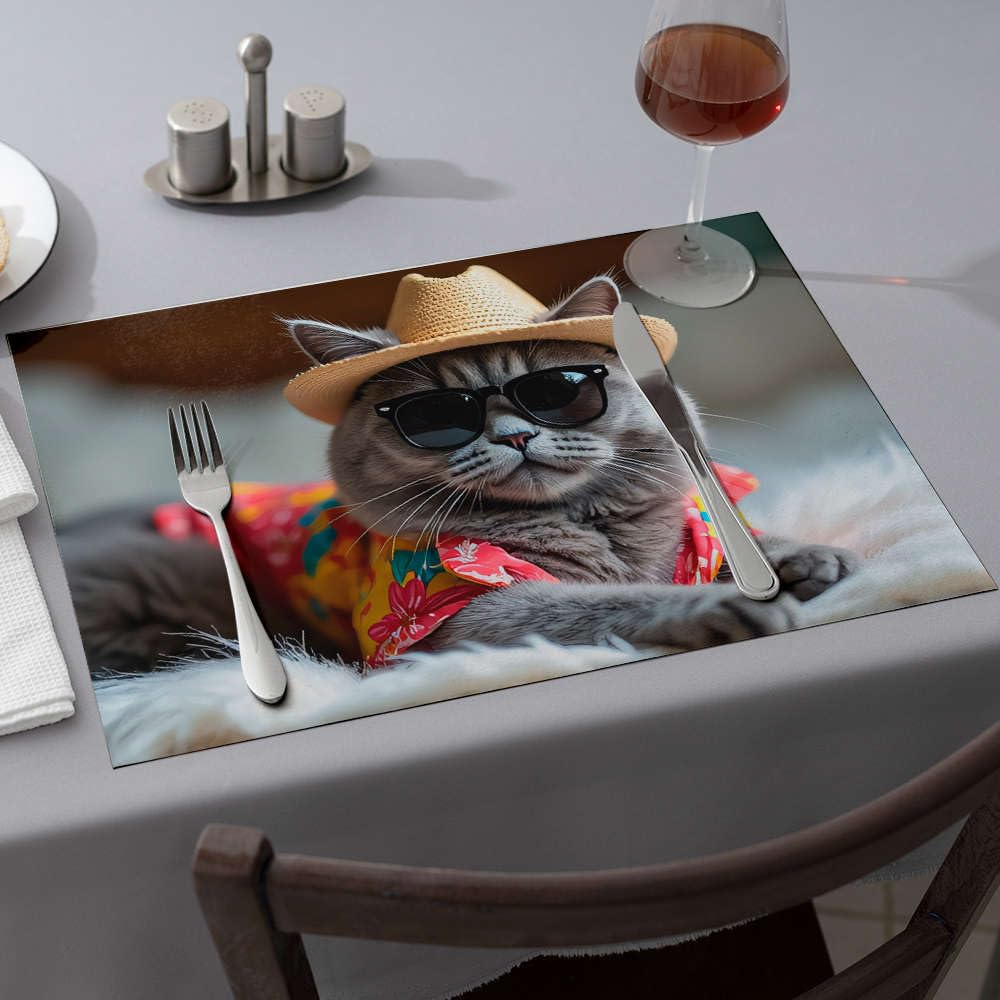 Sets de table chat à lunettes rose anti-tache lavable pour repas