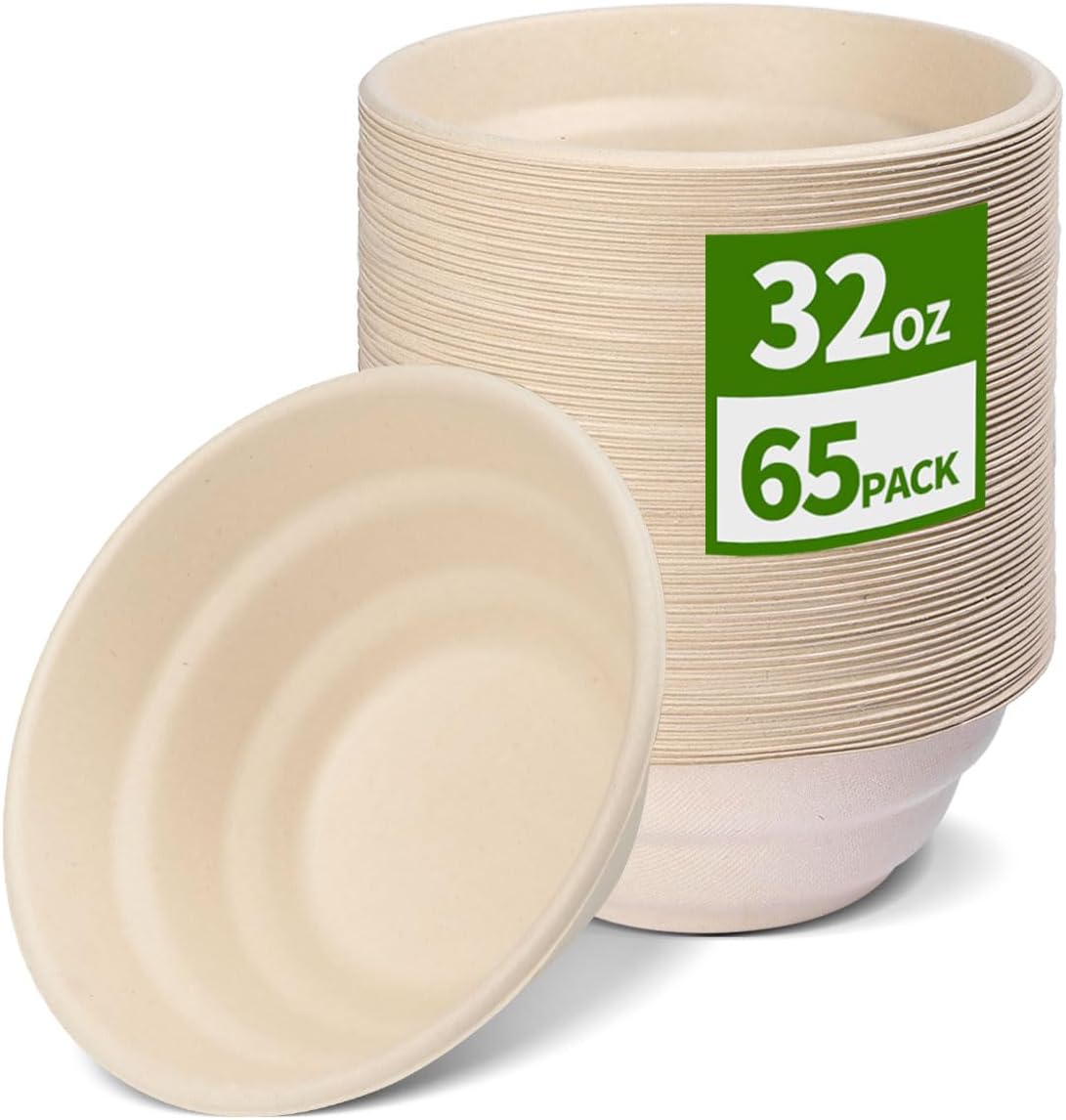 AICHEF 32 oz Large Compostable Bowls 65 Pack, Microwavable and Soak Proof Extra Large Paper Bowls for Salad, Pasta, Rice