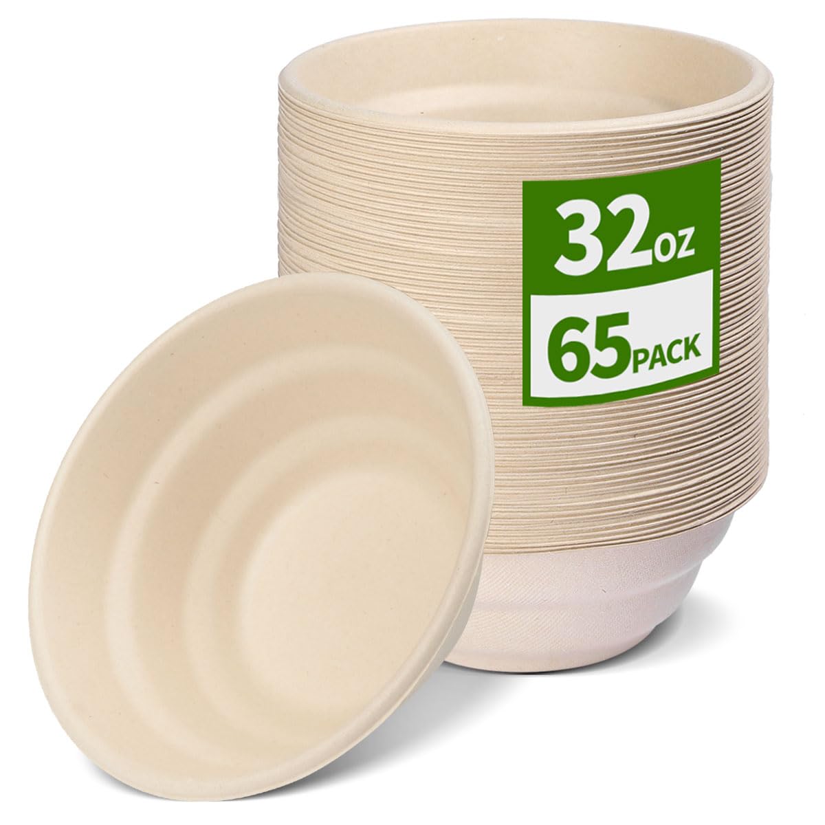 AICHEF 32 oz Large Compostable Bowls 65 Pack, Microwavable and Soak Proof Extra Large Paper Bowls for Salad, Pasta, Rice