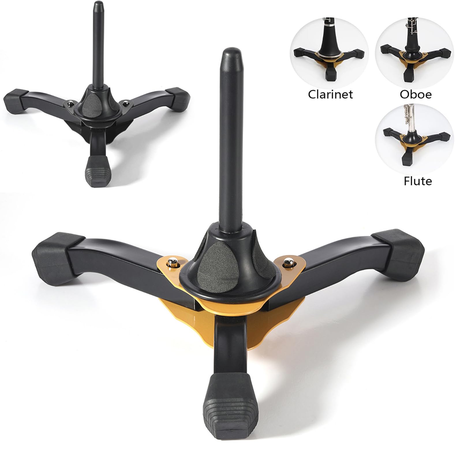 Clarinet Flute Oboe Stand Portable Foldable Tripod Lightweight 0 5kg Non Slip Rubber Feet Black Yellow Instrument Holder for Woodwind Accessories (Black)