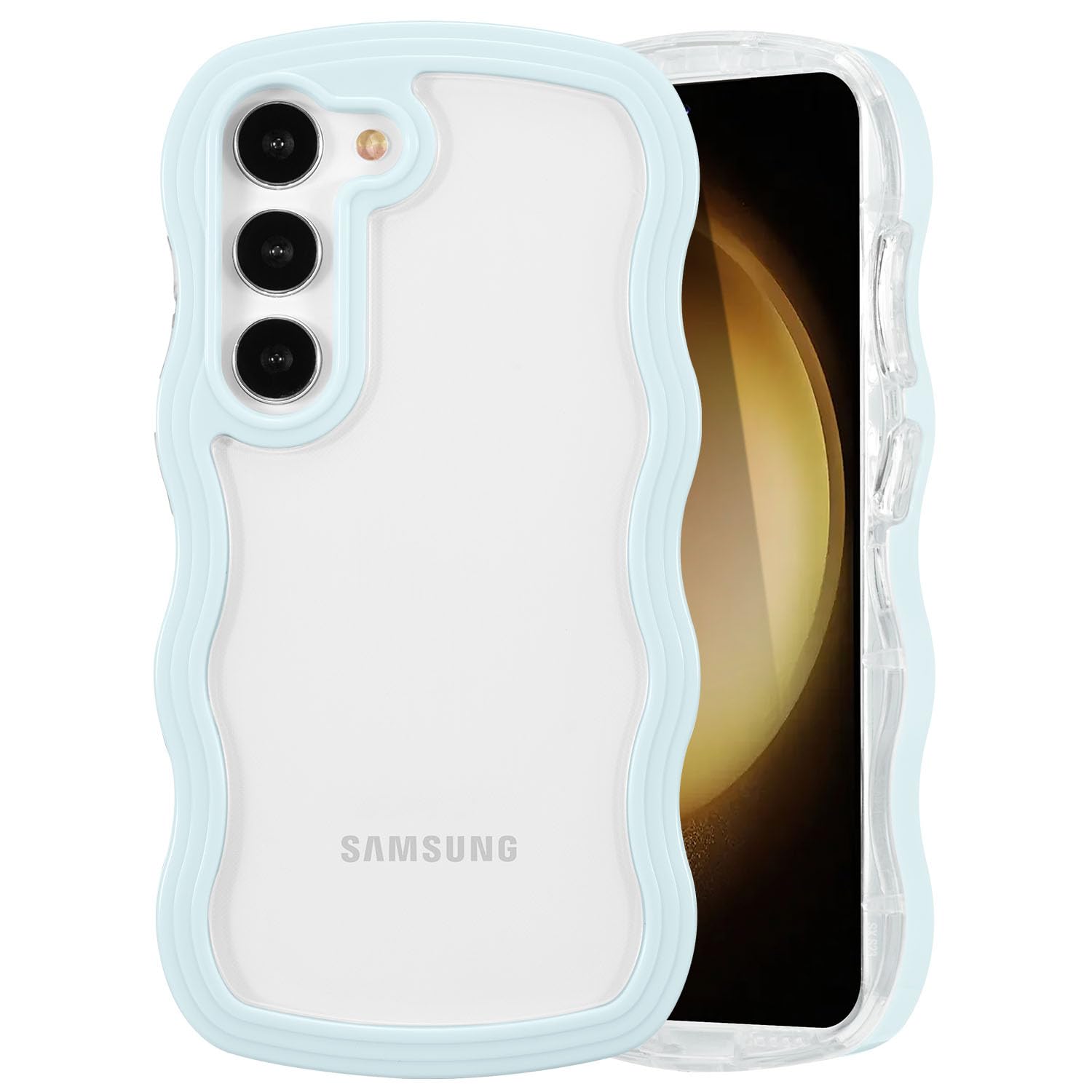 QLTYPRI for Samsung Galaxy S24 Case, Cute Curly Wave Frame Clear Case for Girls Women, Transparent Soft Silicone TPU Bumper Shockproof Protective Phone Cover Case for Samsung S24 5G - Light Blue
