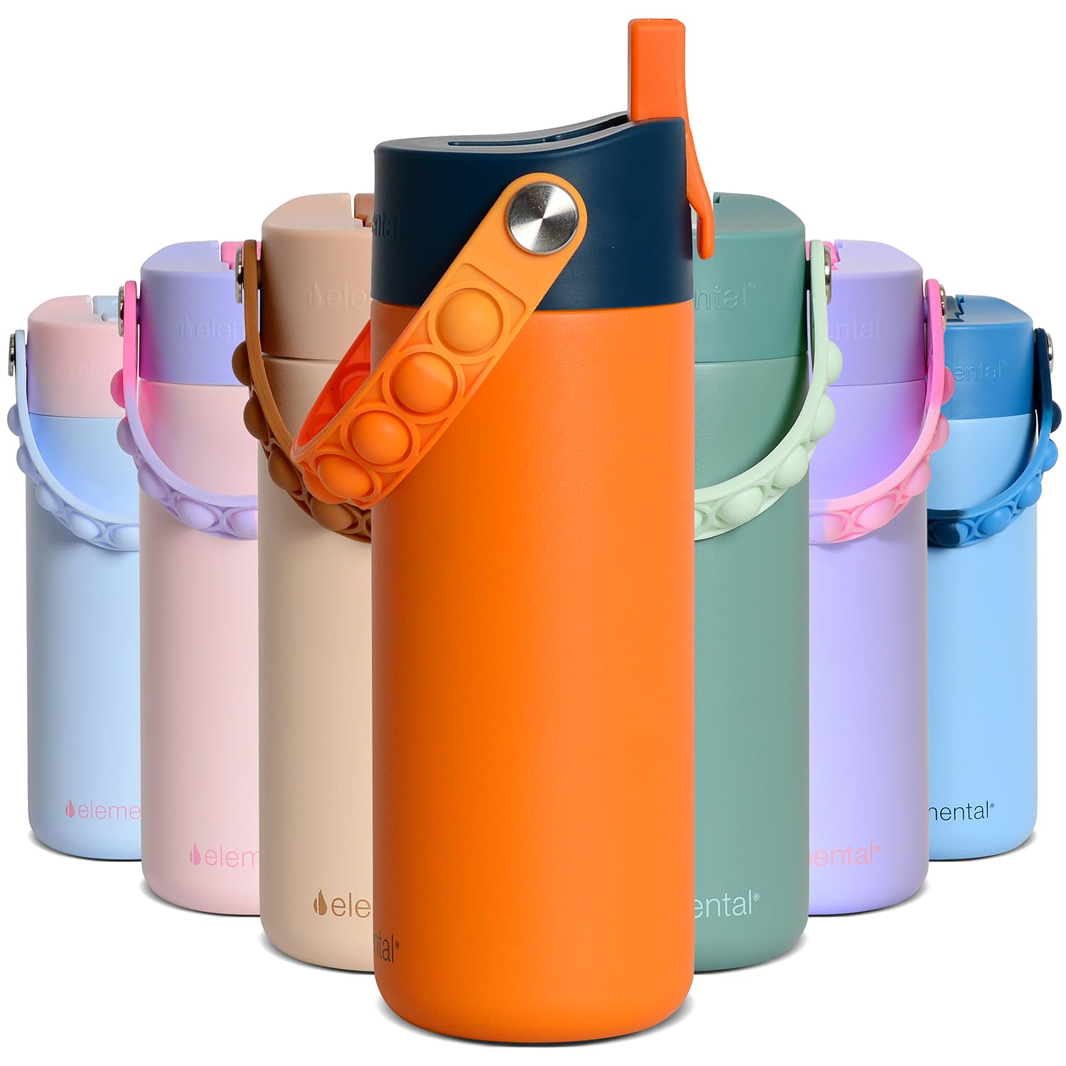 Elemental Insulated Kids Water Bottle, Stainless Steel Water Bottle with Straw Lid & Pop-It Handle, Leak-Proof Water Bottles for School, Boys or Girls