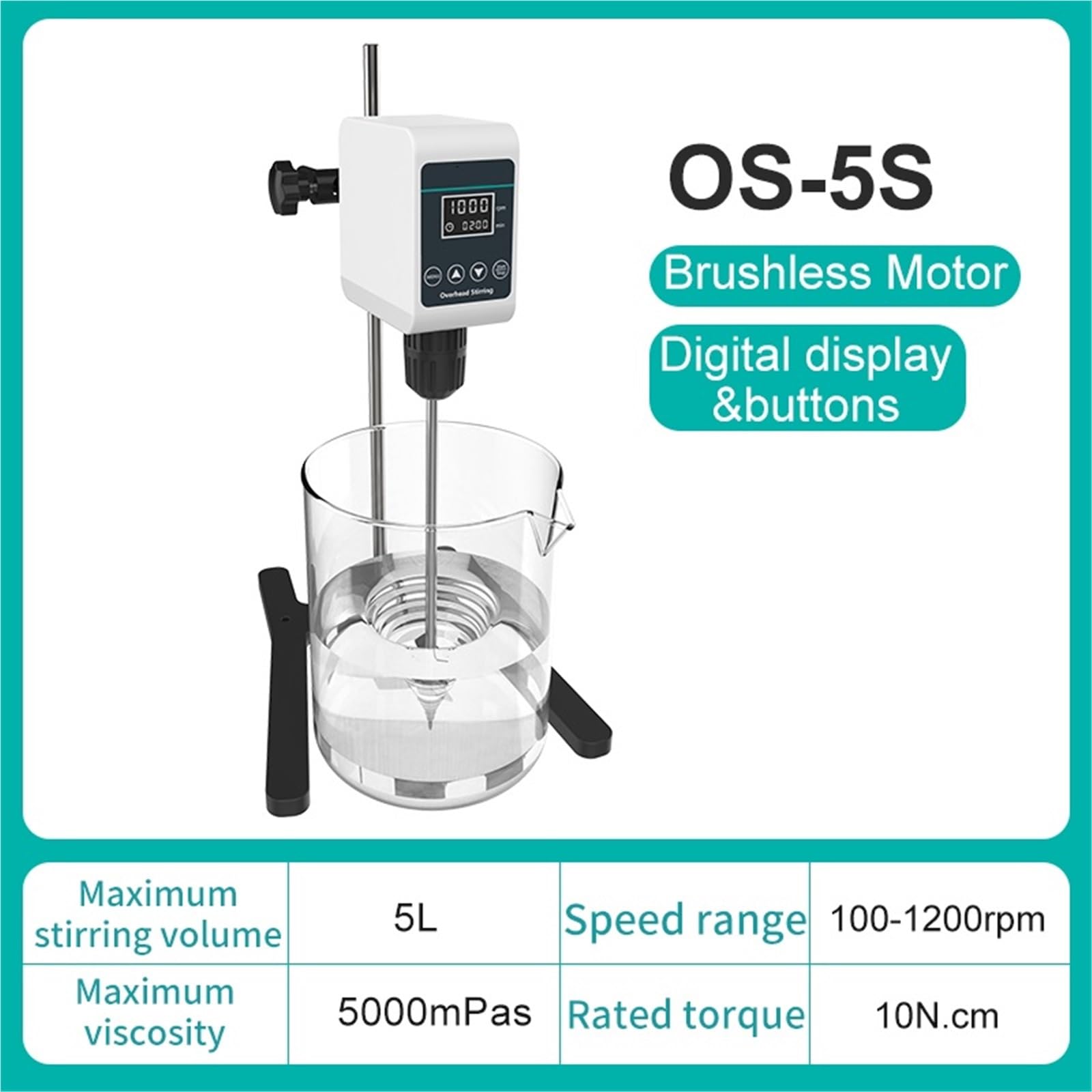 Homogeneizador, Agitador de laboratorio alta potencia, mezclador eléctrico con pantalla digital, agitador cabeza 5/10 l, 1200 rpm, OS-10S(OS-5S(LCD 5L))
