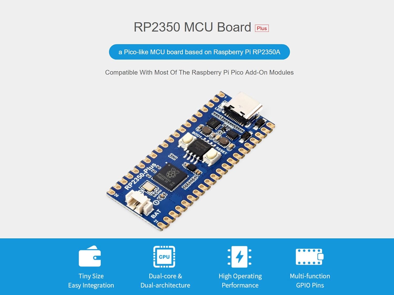RP2350 MCU Board Plus highlighting tiny size, dual-core, high performance, and multi-function GPIO pins