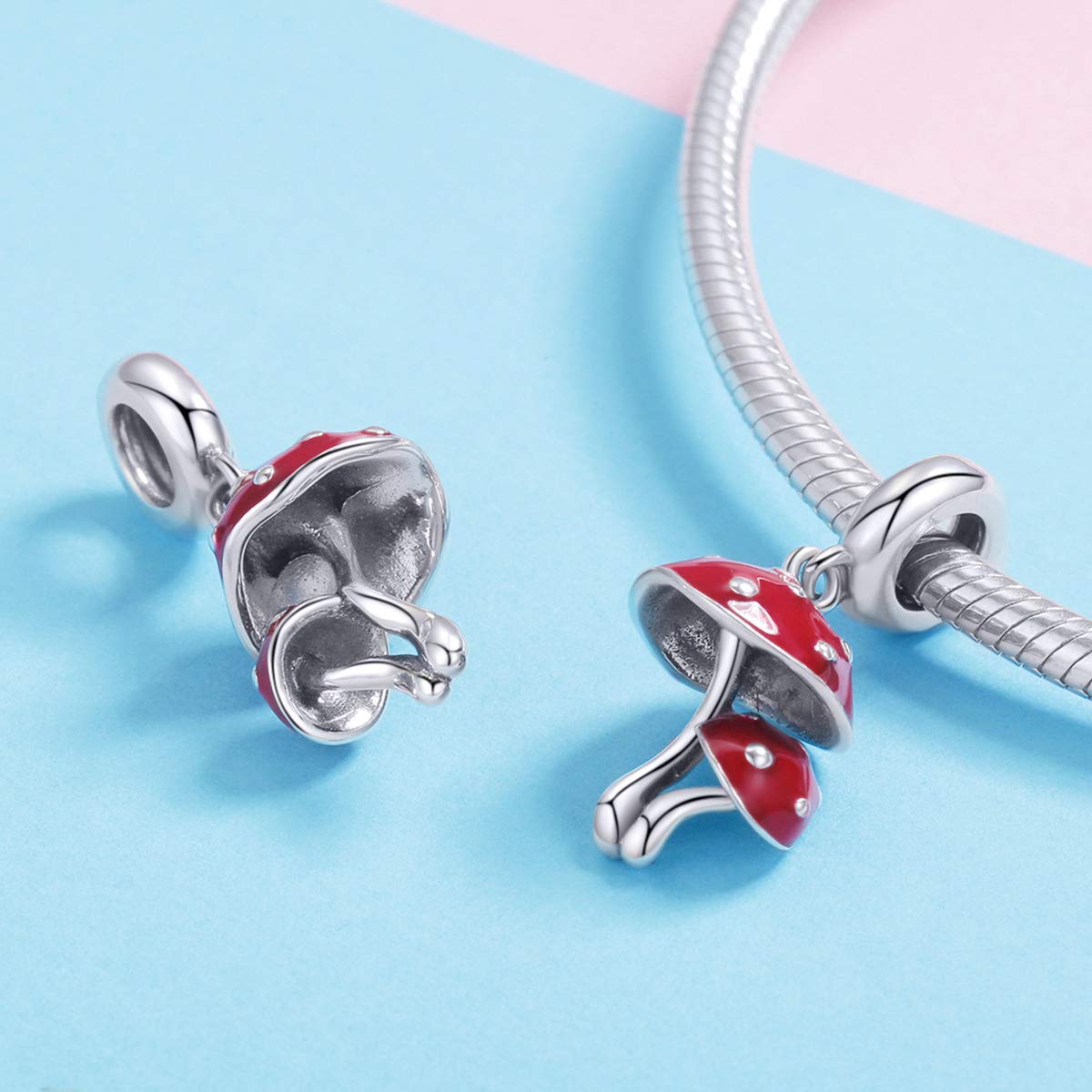 NewL Pendentif en argent sterling 925 émaillé rouge champignon pour bracelets et colliers, Argent sterling Métal Argent