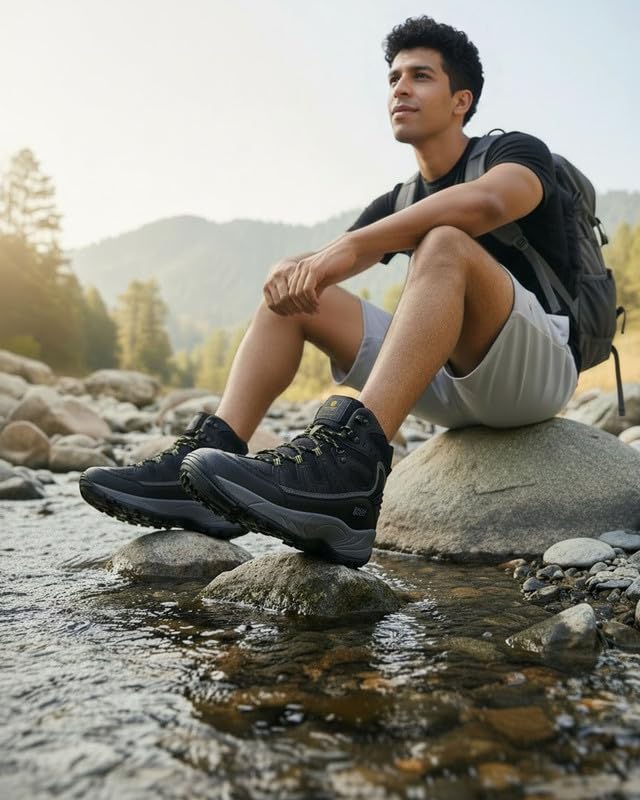 Image of Bacca Bucci Men's Mid-Top Trekking Boots with Rugged Grip Sole, Padded Ankle Support & Secure Lace-Hook Closure