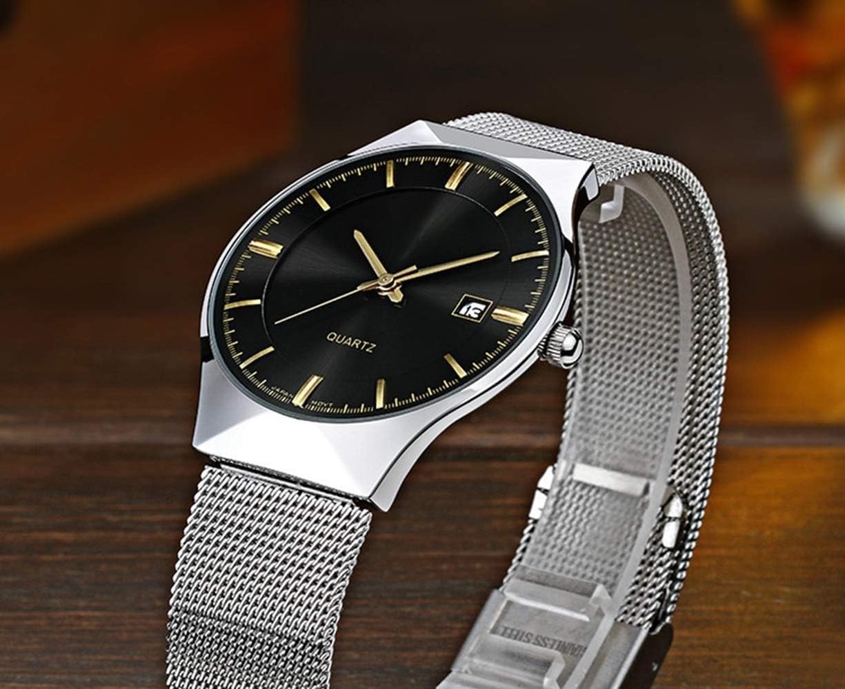 Herrenuhr, ultradünnes Edelstahl-Mesh-Band, modische Armbanduhr mit Datumsanzeige, wasserdicht, elegante Geschenkbox