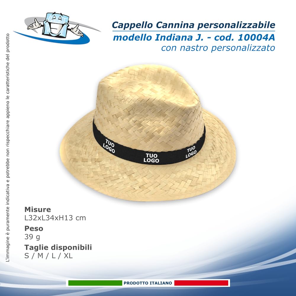 300 Cappelli personalizzati in Cannina 100 % Paglia Naturale disponibili 11 Modelli: Alpino, Cowboy, Borsalino, Pastorella, Indiana J., Gondoliere, Texano, Bombetta, Cubano con nastro personalizzato
