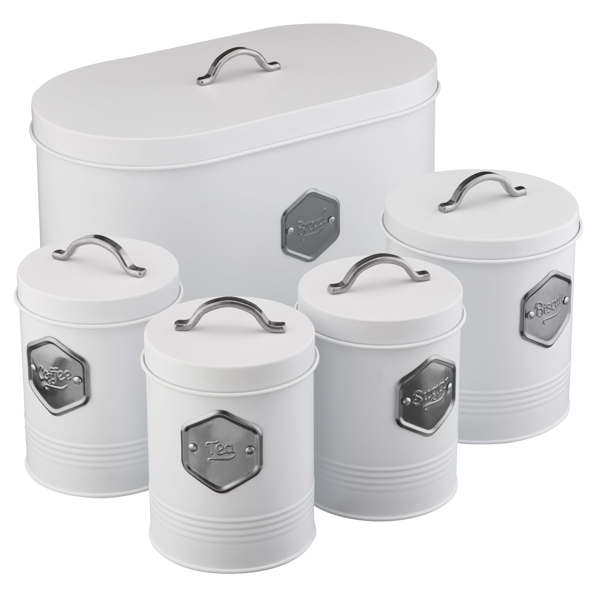 Cooks Professional 5 Piece Tea Coffee Sugar Bread & Biscuit Cannister Set | Labelled Storage Tins | Containers with Airtight Lids | Canisters for Kitchen Accessories & Essentials | White & Silver โ image 1