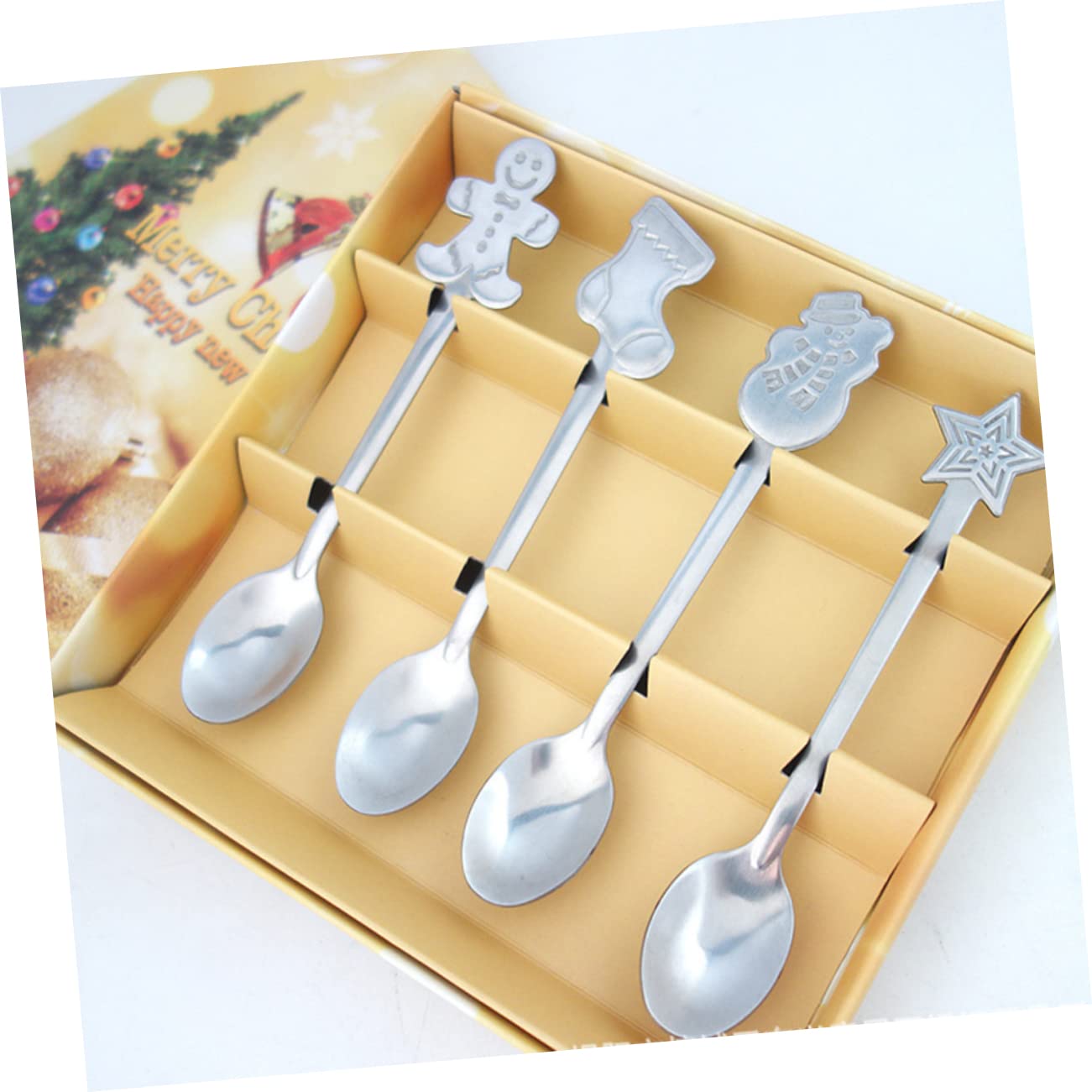 OFFSCH 4pcs Christmas Stainless Steel Spoon Stainless Flatware Christmas Tableware Hot Chocolate Station Hot Cocoa Bar Supplies Bar Spoon Christmas Spoons Mixing Spoon Xmas Spoon Silver