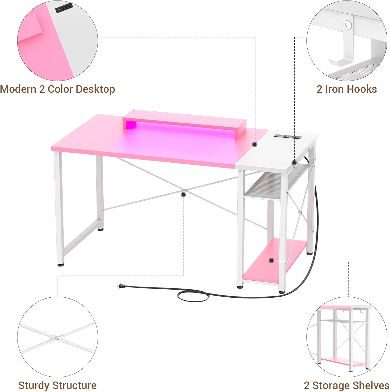 Diagram showing the components of the Armocity desk, including the desktop, frame, monitor stand, power outlet, hooks, and storage shelves.