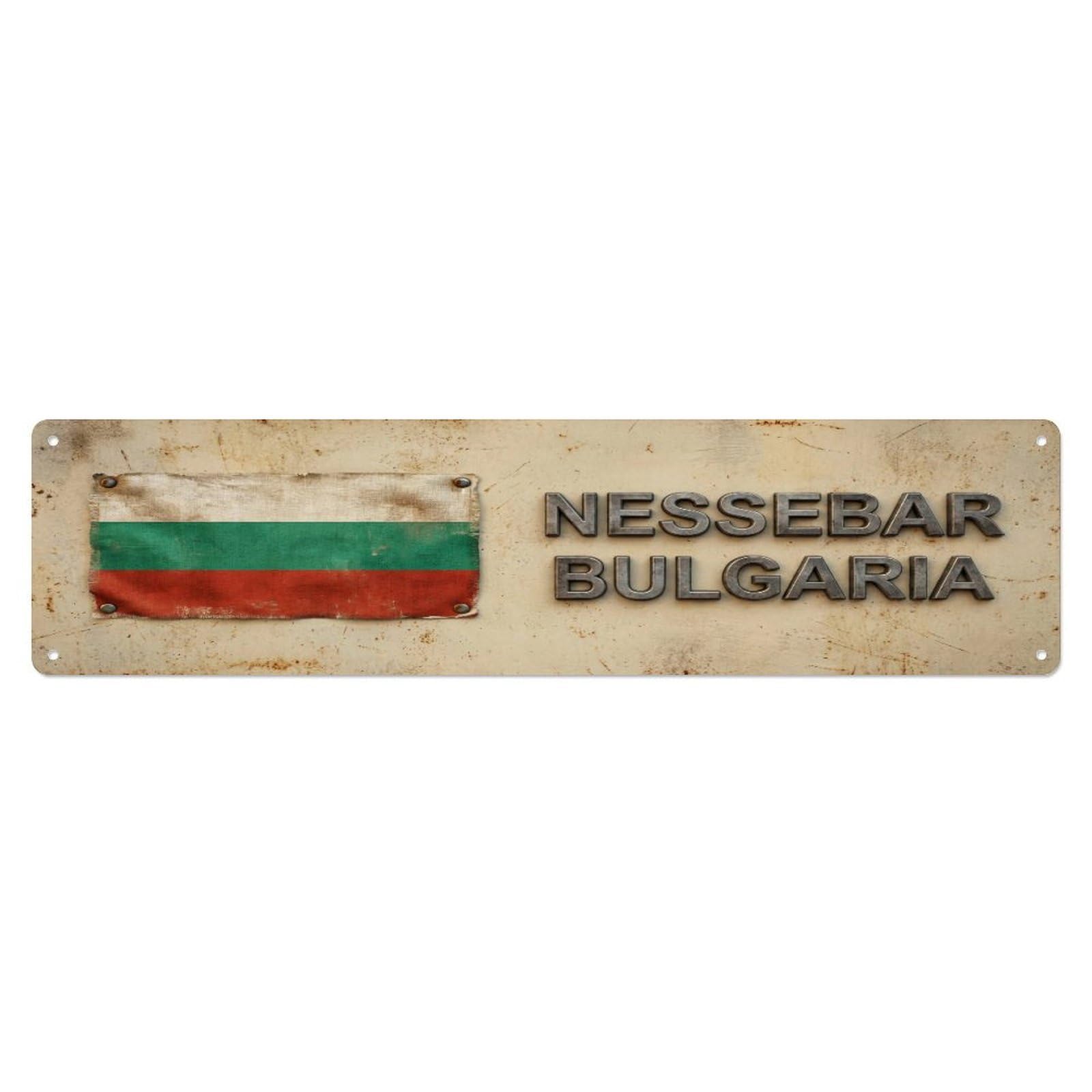 Metal Tin Sign Vintage Nessebar Bulgaria Flag Decor Rustic Travel