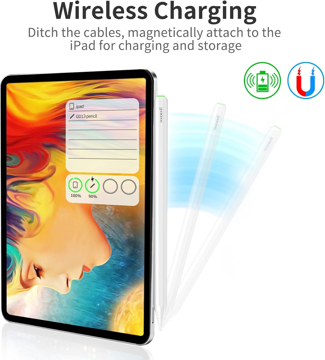 GOOJODOQ GD13 Stylus Pen wirelessly charging on the side of an iPad