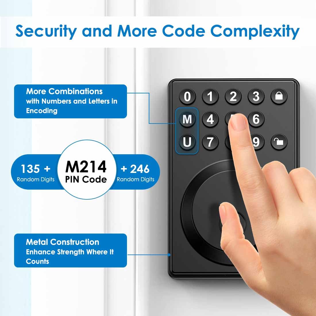 Schlüsselloses Türschloss, Tastenfeld, Riegel, mattschwarz, mit einfachem One-Touch-Programm und fortschrittlicher Sicherheit, automatische Verriegelung, einfache Installation, 2 Ersatzschlüssel