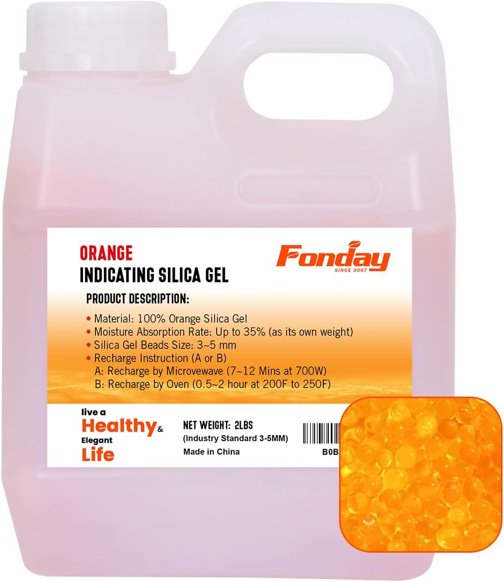 2LB Fonday Premium Moisture Indicating Silica Gel Desiccant Orange to Green Rechargeable Industry Standard Bead Size 3 to 5mm