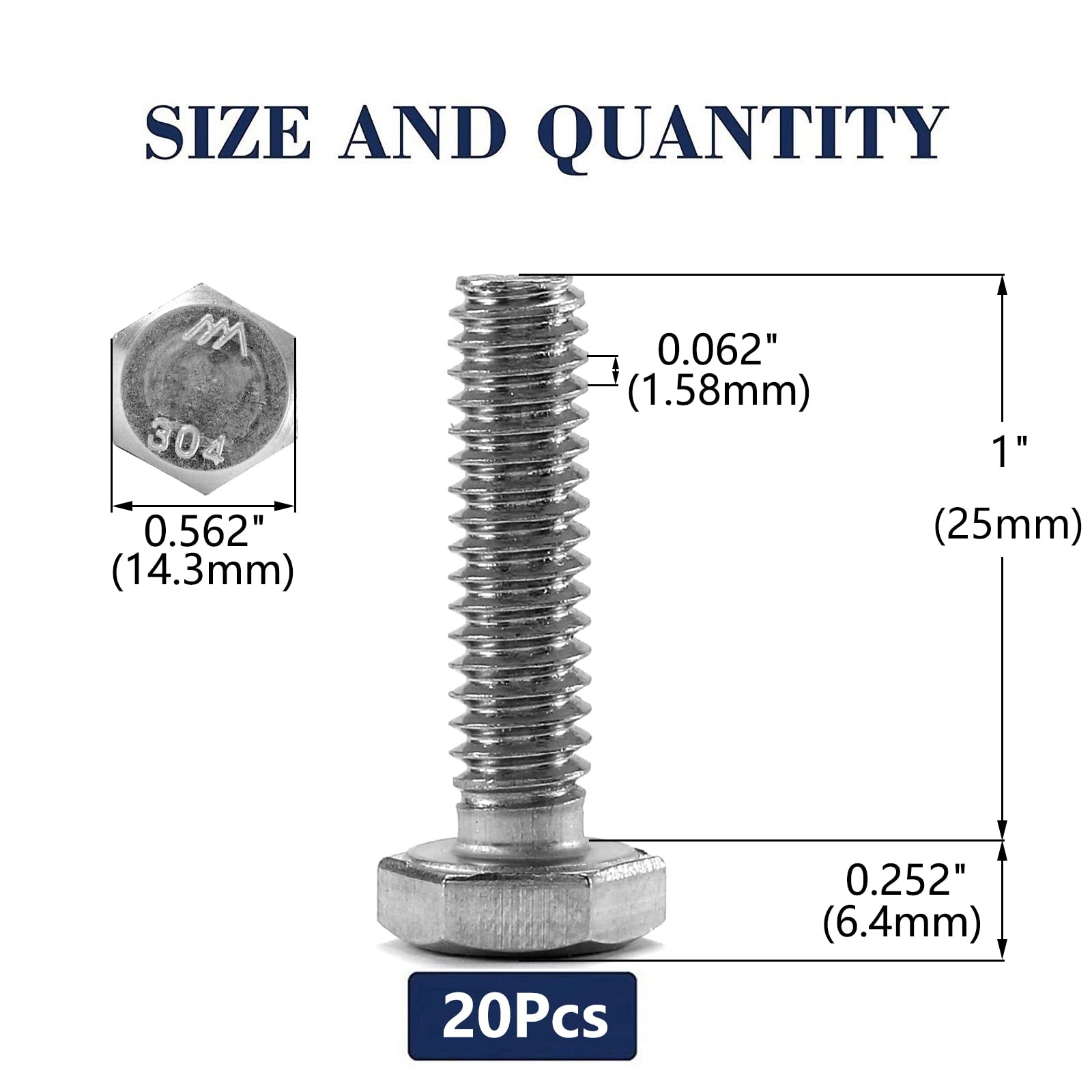 Stainless Steel Hex Bolts - 20 Pack -2