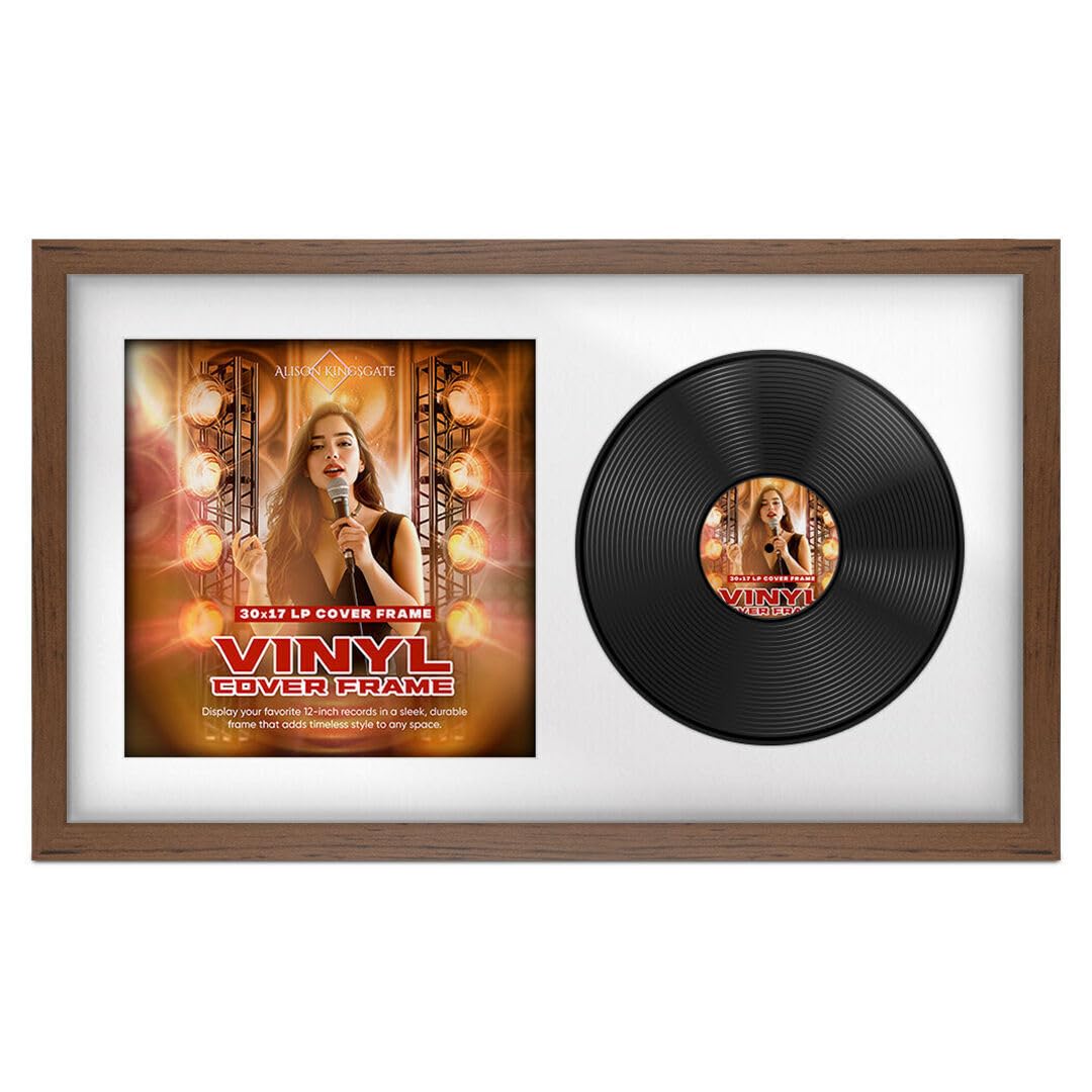 Alison Kingsgate 30×17” Walnut Vinyl Record Frame- Fits 12” LP Cover & Disc - Engineered Wood with Shatterproof Perspex - Stylish Sleek Display Your Home or Music Collection - White Mount