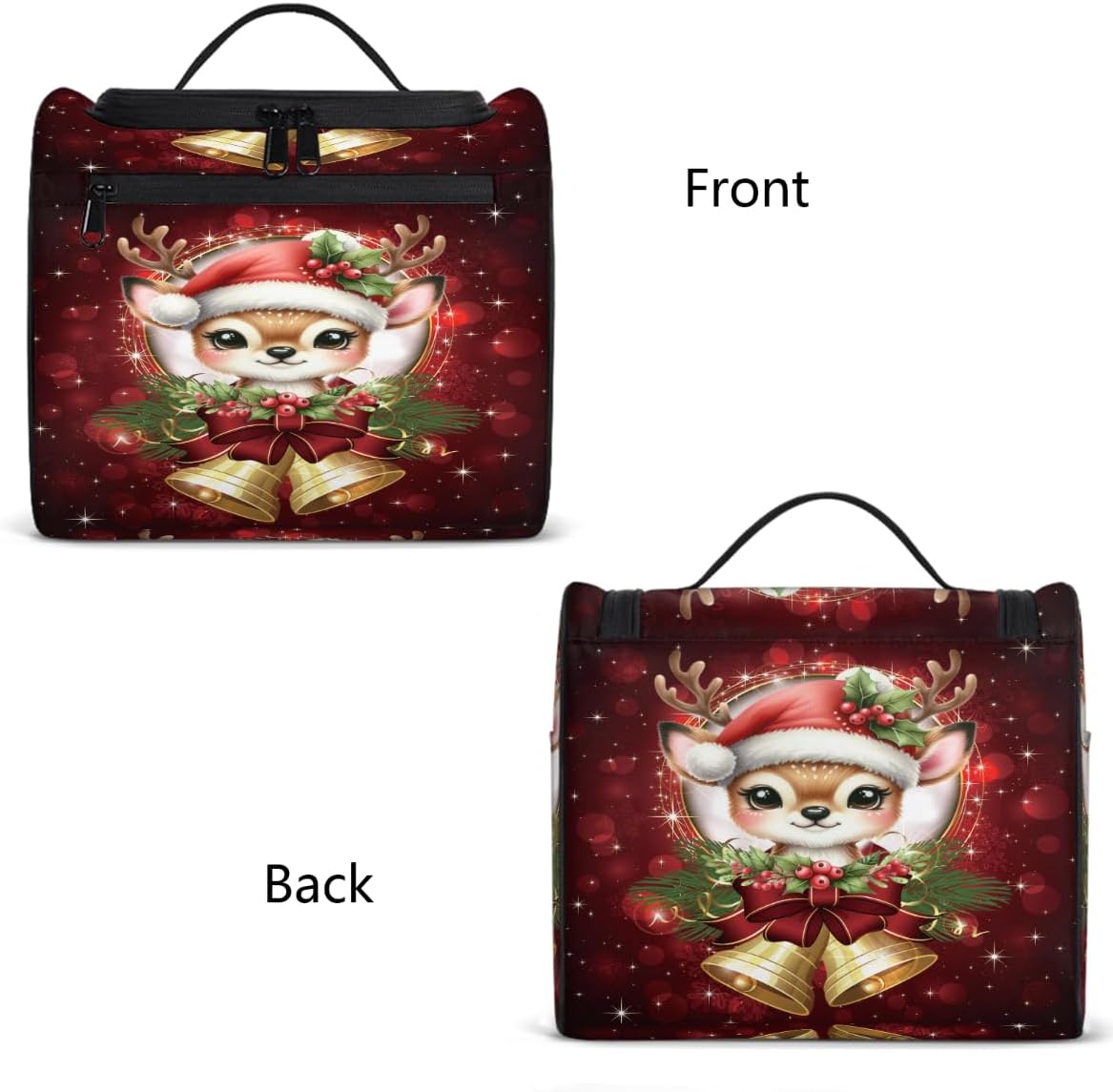 cfpolar Toiletry Bag for Women, Christmas Bells Elk Holly Hanging Travel Toiletry Bag, Water-resistant Cosmetic Makeup Organizer for Toiletries and Cosmetics, Bathroom Shower Bag with Handle and Hook