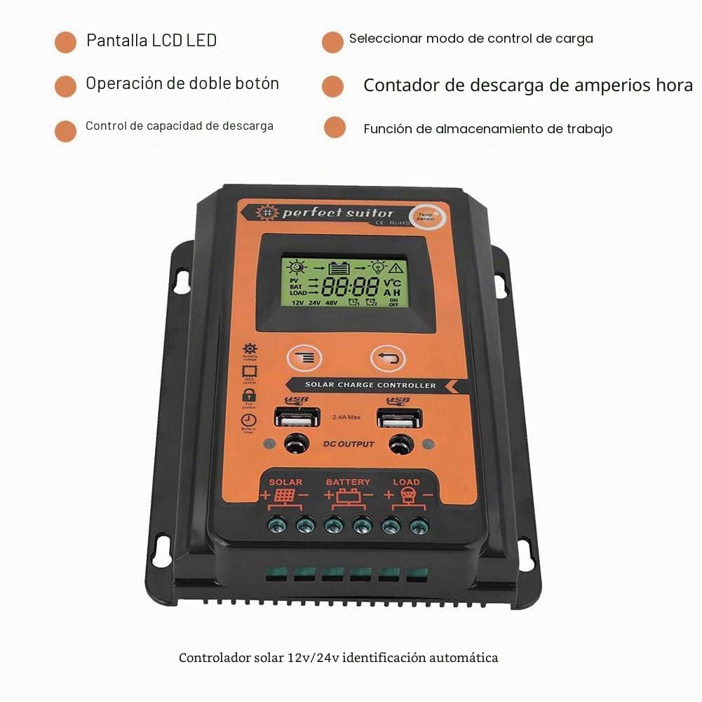 Controlador solar MPPT 12V/24V 30A50A Panel solar Controlador de batería USB dual Pantalla LCD IP32 Adecuado para automóviles y motocicletas o pequeños electrodomésticos (30A)
