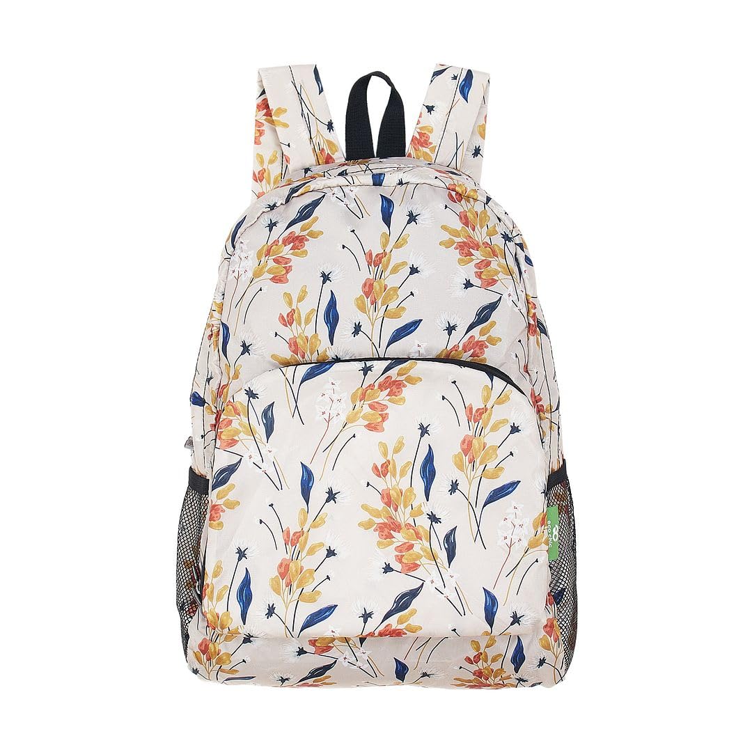 ECO CHIC Lightweight Foldable Water Resistant Backpack Rucksack Folds into Pouch for Storage (Flowers Beige)