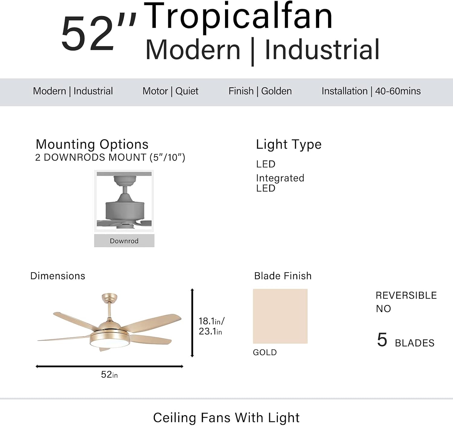 Bеѕt Cуbеr Mоndау 🔥 Morpholife Gold Ceiling Fan with Light, Champagne Chandelier Fan, Copper Electrical Fan with 5 Abs Blades for Indoor Room, Bedroom (Golden Finish)