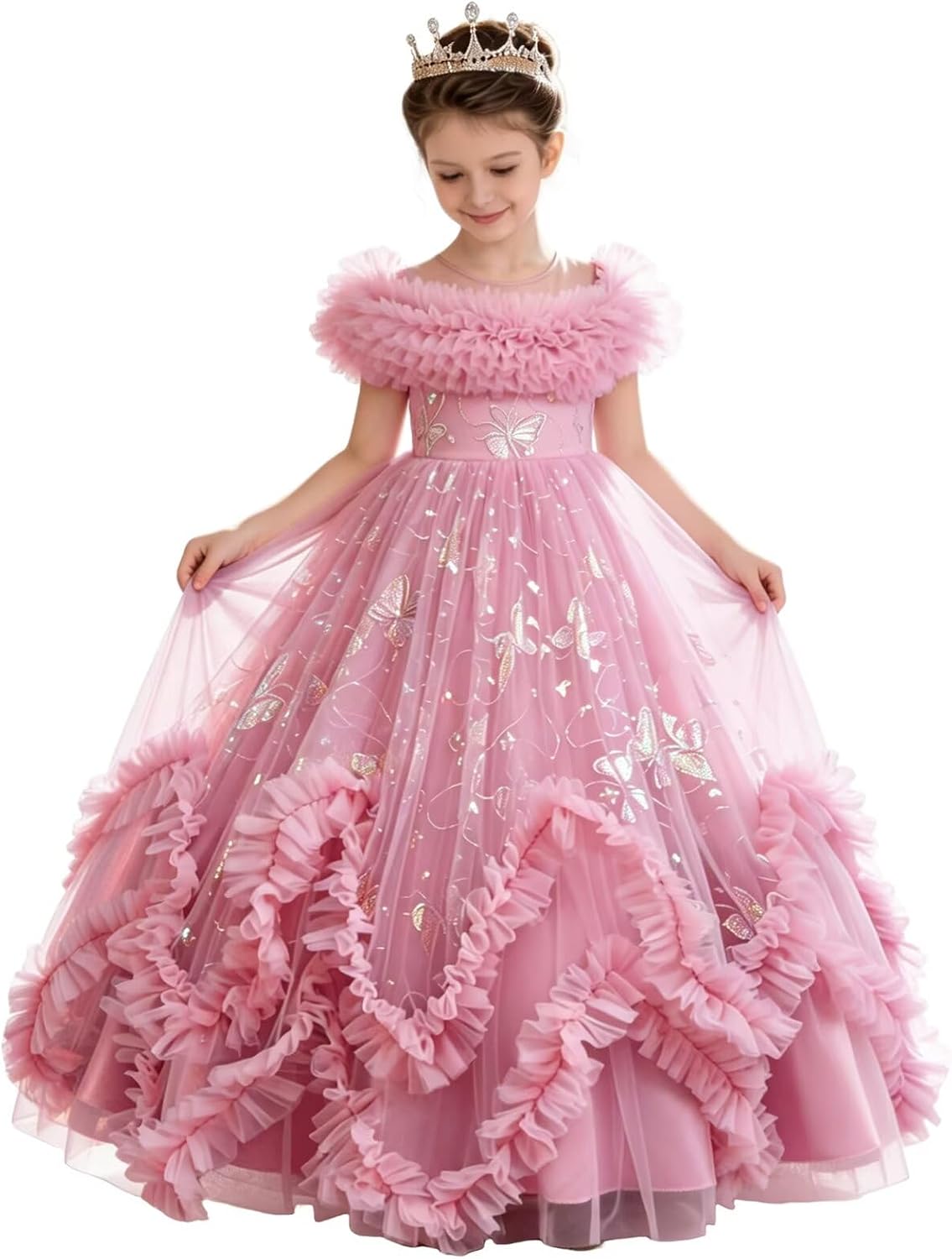 Flower Girl Dress Ruffle Butterfly Embroidery Princess Dress Tiered Tulle Wedding Party Birthday Ball Gown 4-10 Years