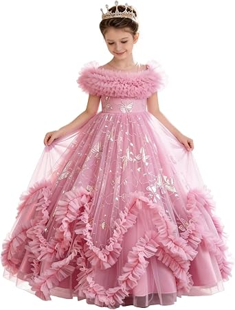 Flower Girl Dress Ruffle Butterfly Embroidery Princess Dress Tiered Tulle Wedding Party Birthday Ball Gown 4-10 Years