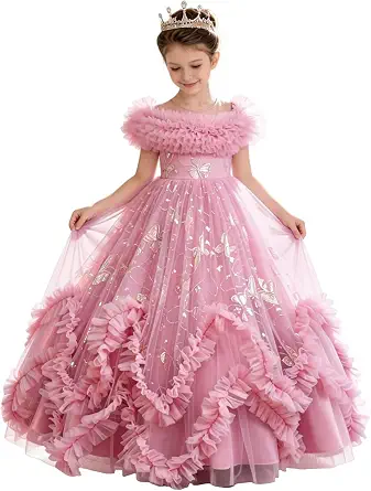 Flower Girl Dress with Ruffle Butterfly Embroidery, Tiered Tulle, Princess Style, for Ages 4-10
