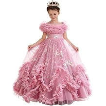 Flower Girl Dress Ruffle Butterfly Embroidery Princess Dress Tiered Tulle Wedding Party Birthday Ball Gown 4-10 Years