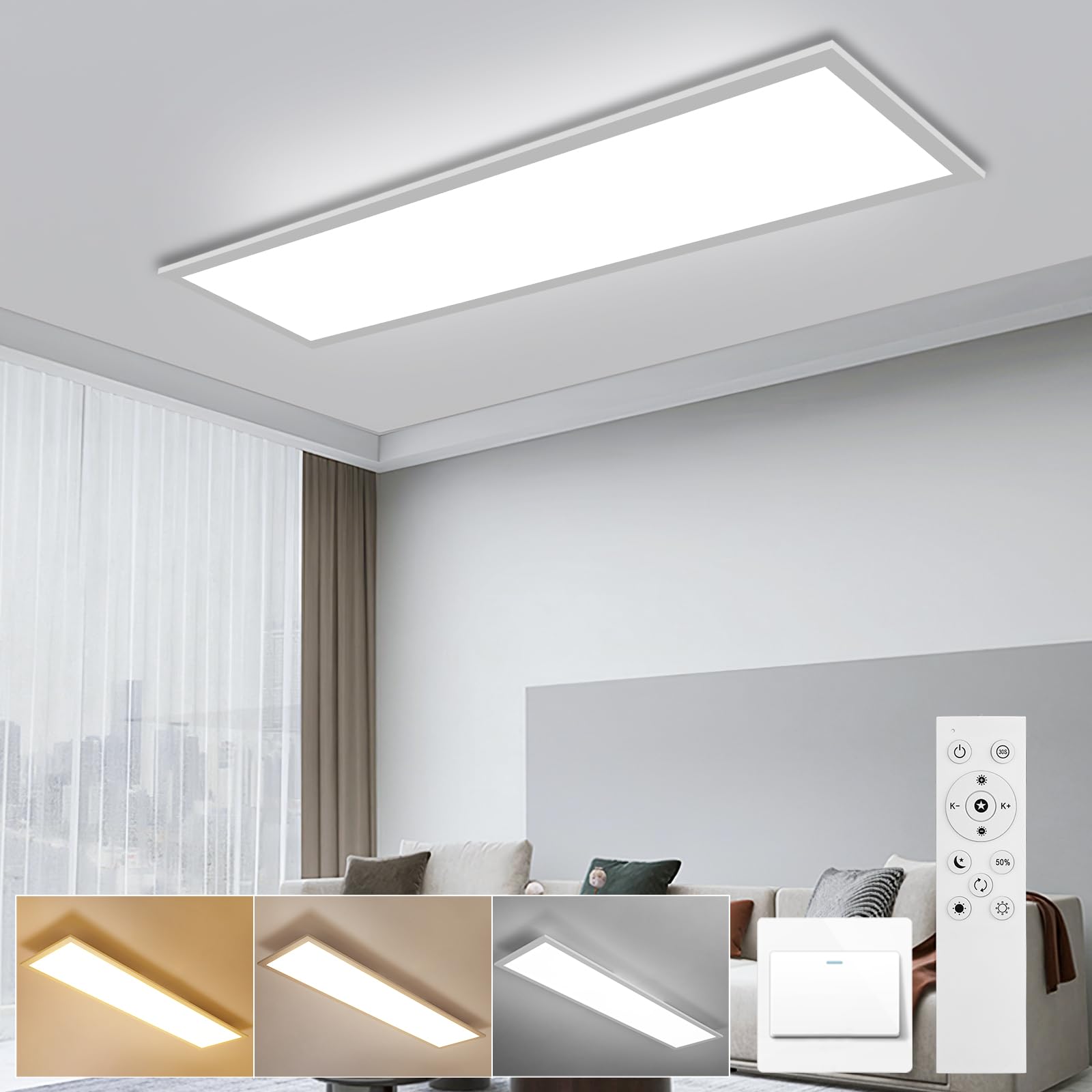 LEOEU LED Panel Deckenleuchte 120x30CM, LED Deckenlampe mit Fernbedienung 40W 4800LM, Deckenlampe Dimmbar 3000K - 6500K, Deckenleuchte Büro mit Speicherfunktion, Deckenpanel für küche Wohnzimmer