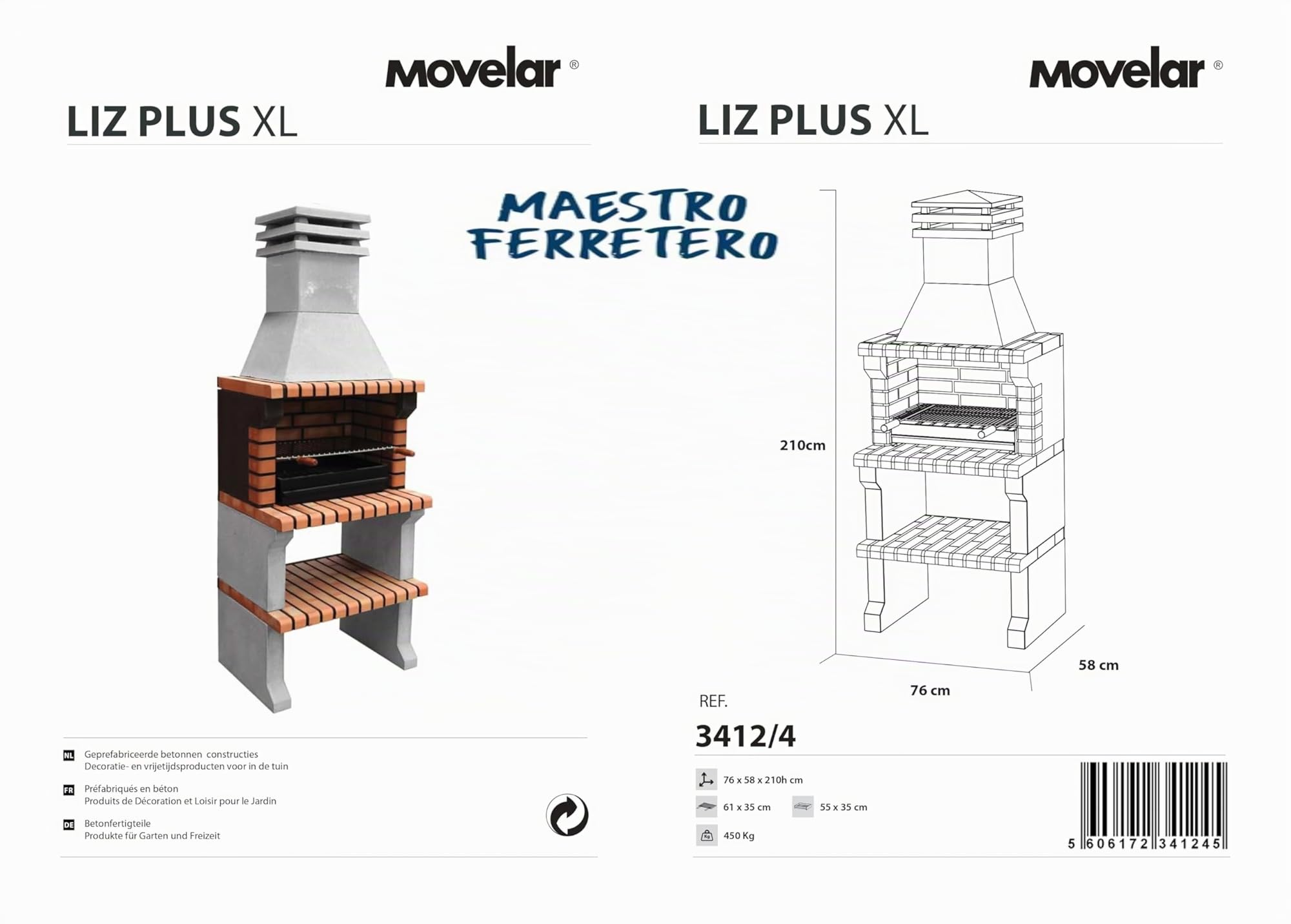 MOVELAR - Barbecue préfabriqué à bois et charbon de bois en béton réfractaire modèle Liz XL (Gris, Orange - 76 x 58 x 210 cm) REF: 3412/4 - Cuisine extérieure compacte pour terrasse, patio ou jardin