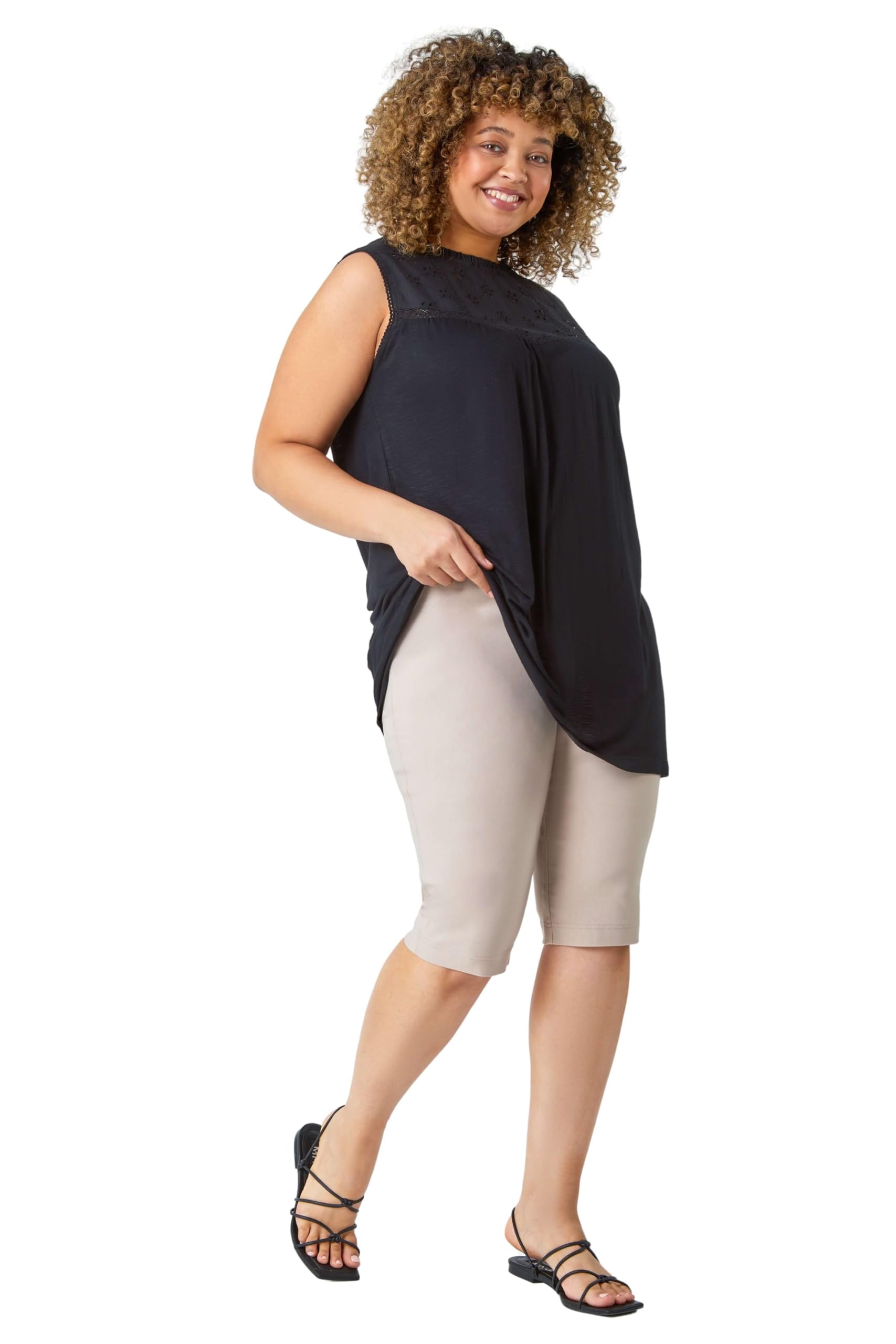 Roman Originals Women's Natural Roman Knee Length Shorts For Uk - Cropped Capri Stretch Bengaline Pants Crop Trousers Summer Legging Lounge Essentials Elasticated Casual Clothes - Size 3032