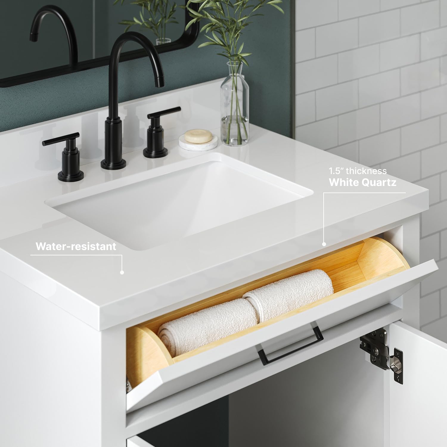 ARIEL Hepburn 30-inch Bathroom Vanity with Sink,Solid Wood, 1.5-inch Pure White Quartz Countertop & Backsplash, Single Rectangular Porcelain Sink, 2 Soft Closing Doors, 1 Dovetail Drawers, White