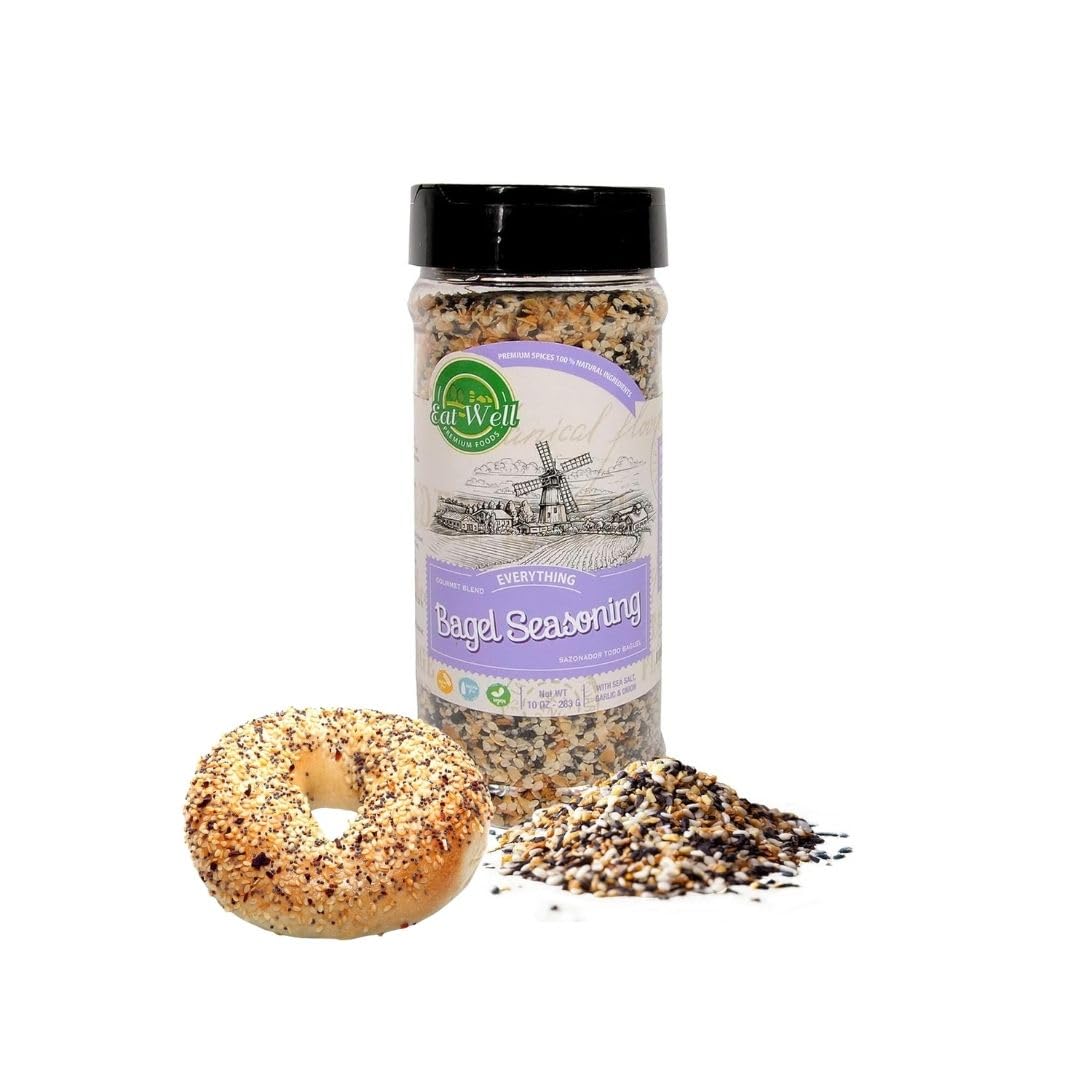 EAT WELL PREMIUM FOODSEverything but the Bagel Sesame Seasoning 10 oz Bulk Size, Blend of Sea Salt and Spices With Dried Minced Garlic and Onion, Tasty New York Bagel Seasoning for Chicken Burgers
